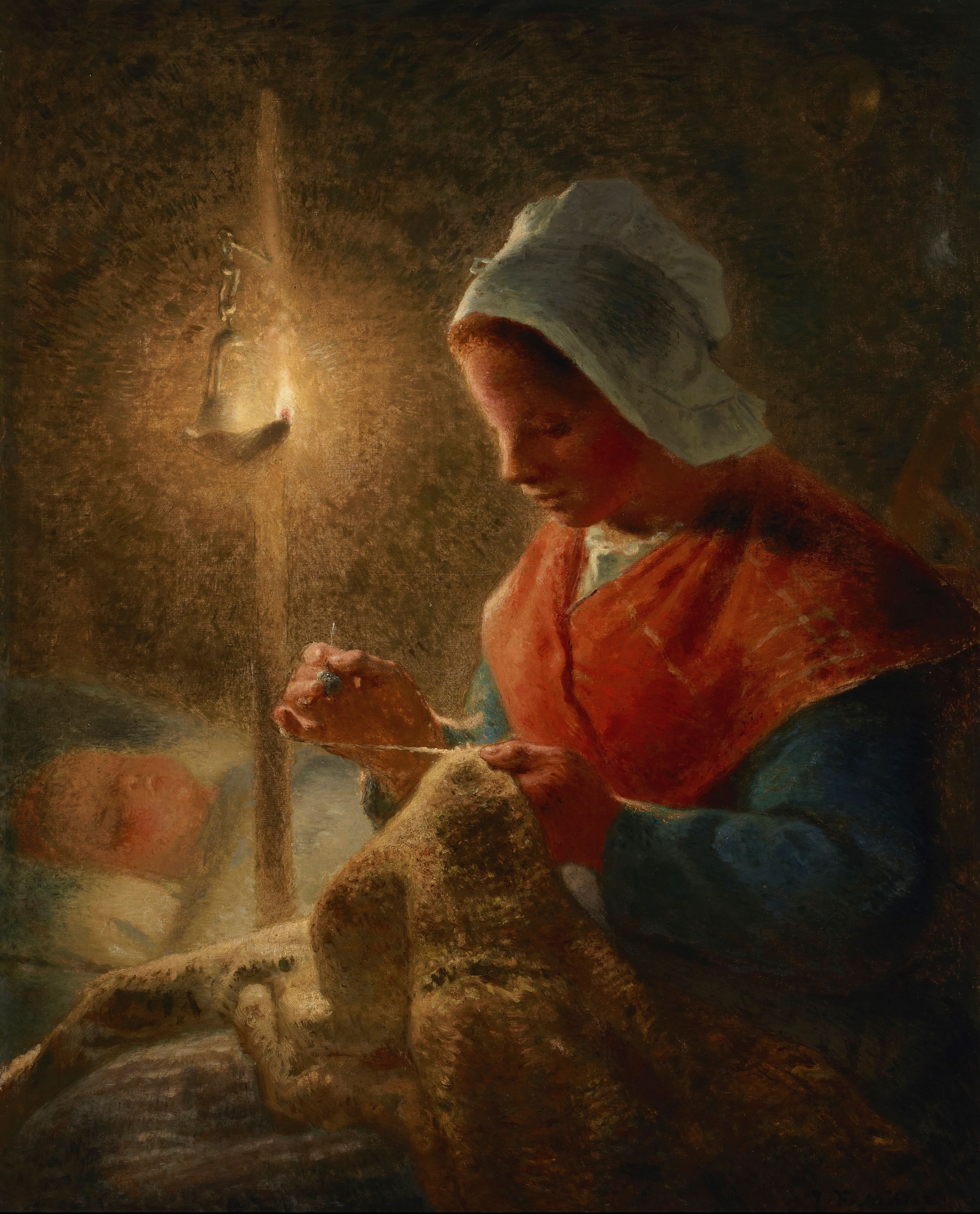 Jean-François Millet, Woman Sewing by Lamplight (1870–1872)