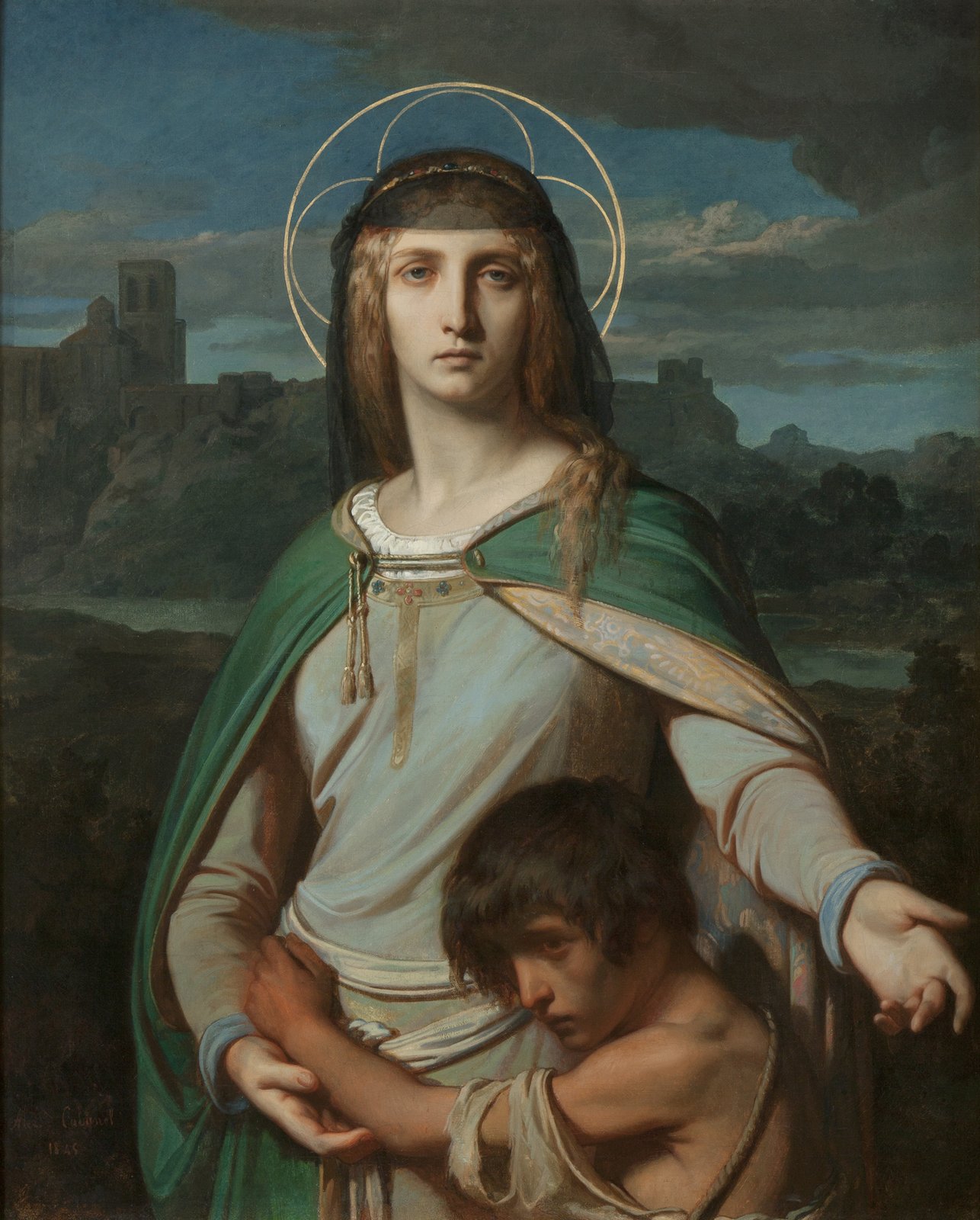 A boy clings to Monica’s forearm in a dark landscape while she holds both hands open, one beneath his arm and the other extended outward.