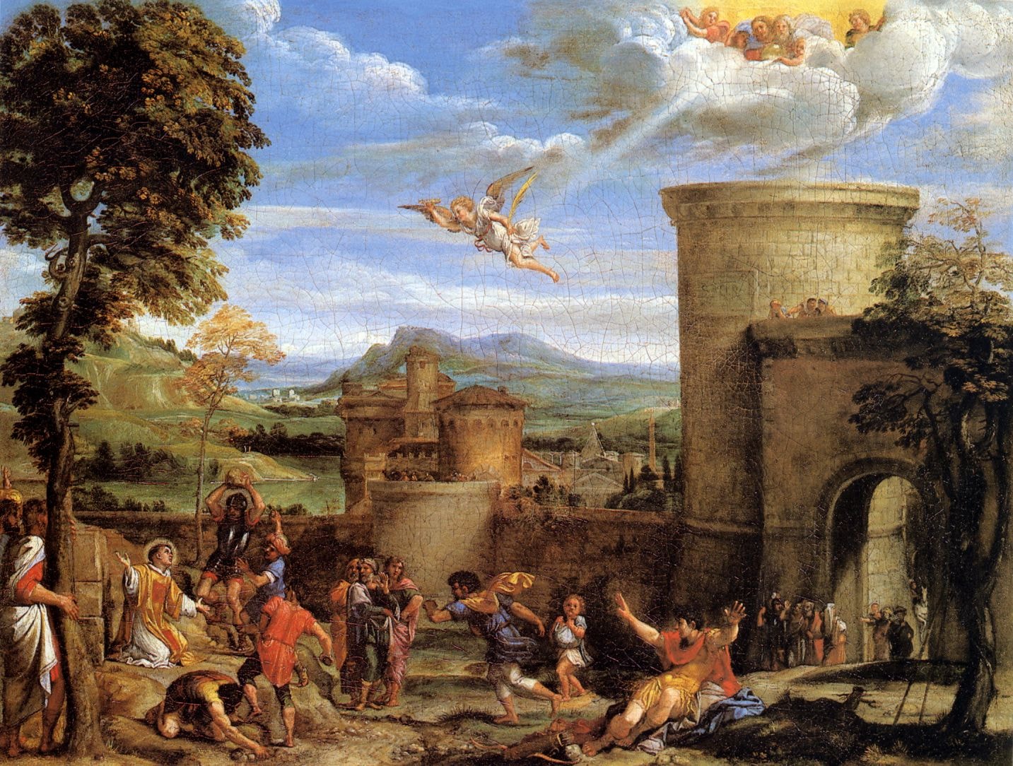 Stephen kneels among stone throwers beneath a broad landscape, with a city gate at right and a heavenly vision above.