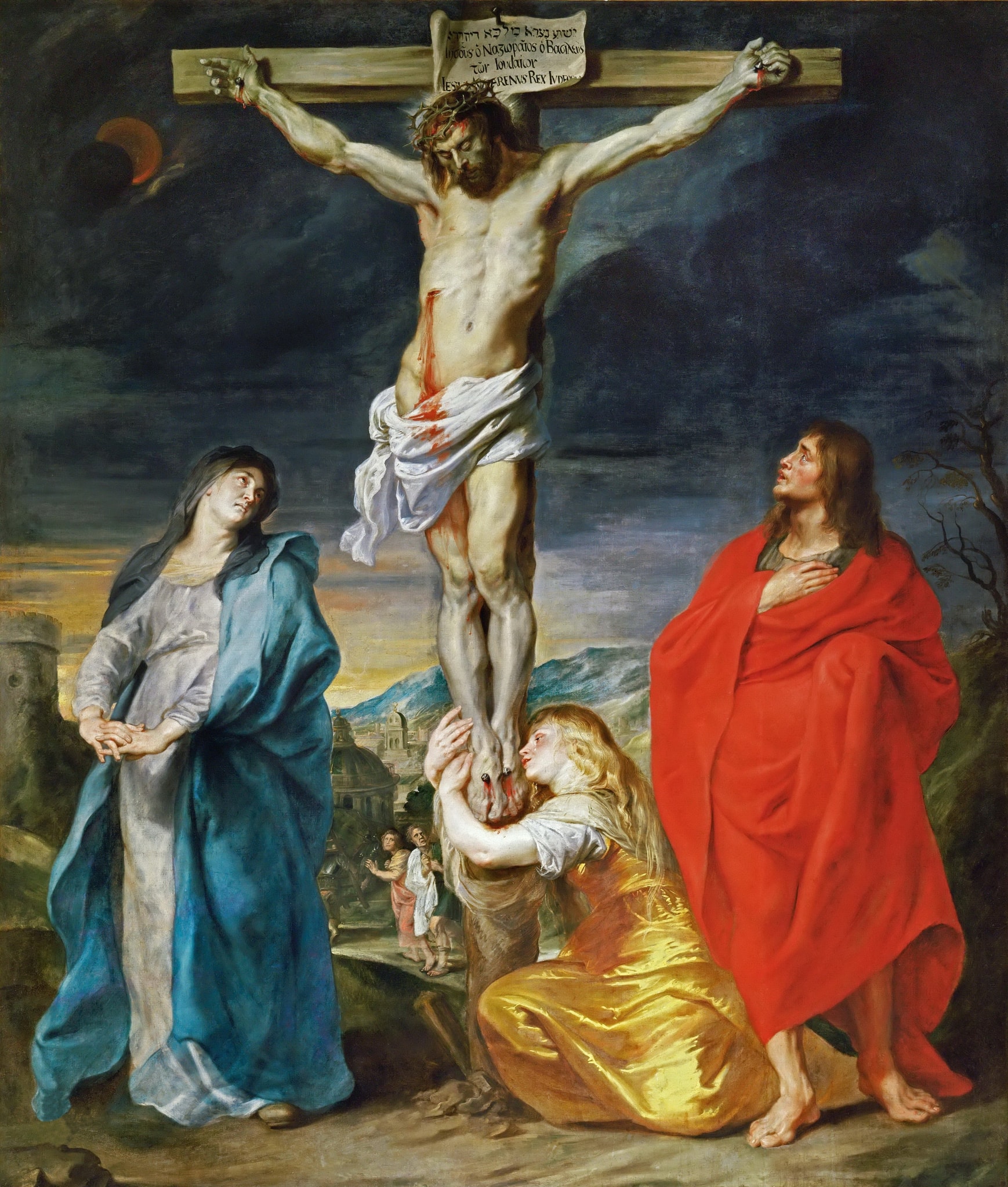 Magdalene in yellow kneels at the foot of the cross, arms wrapped around its upright; Mary in blue and John in red stand to either side. Her body reaches toward the feet; the color of her garment concentrates light at the base.