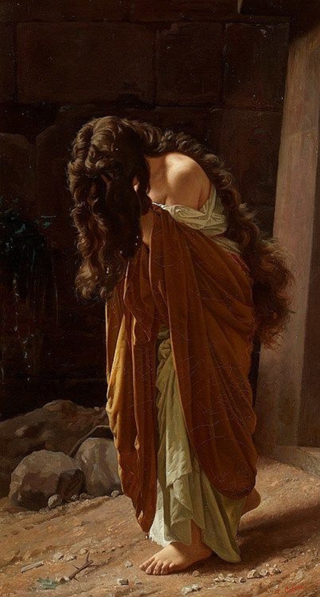 The standing woman buries her face in her hands and heavy dark hair. An ochre mantle falls around the pale underdress, leaving one shoulder exposed.