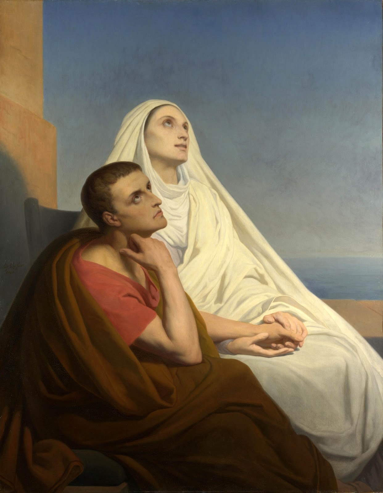 Monica in a white veil sits beside Augustine, their hands joined and both faces turned upward against a blue sky.