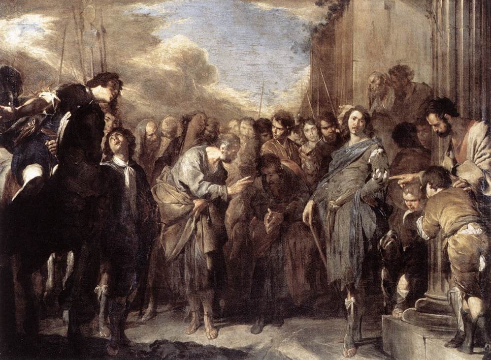 An older man in a gray cloak leans toward a bowed man amid a crowd, with soldiers, a horse, and columns nearby.