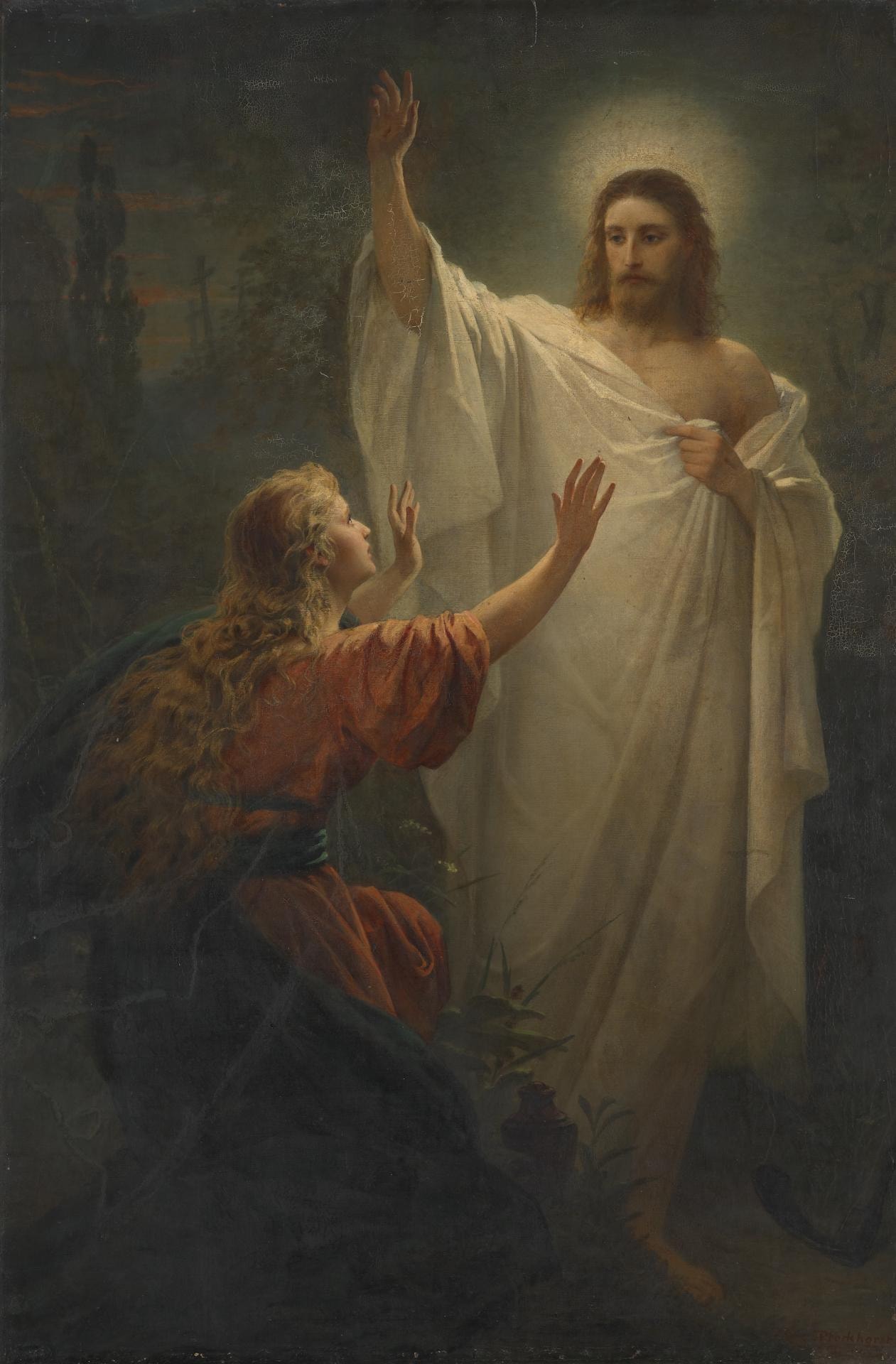 Mary kneels at the left and reaches both hands toward the standing Christ. Christ raises one hand high while gathering his white robe with the other.