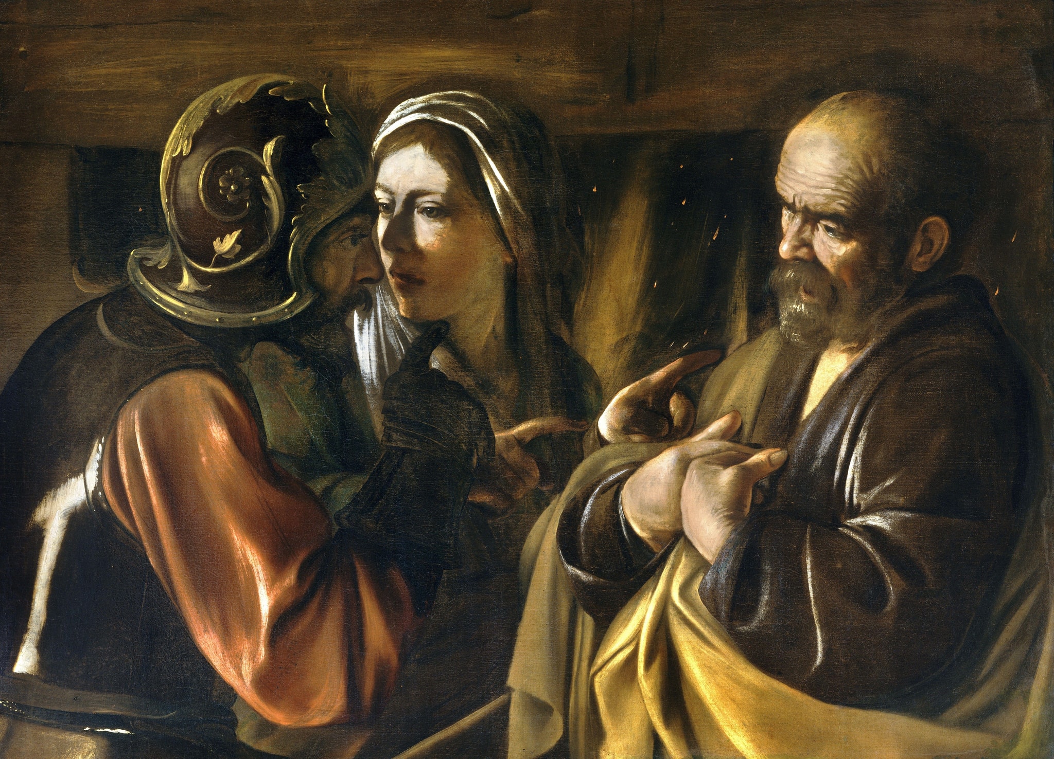 A soldier and a woman confront Peter beside a fire, while he points both hands toward his chest.