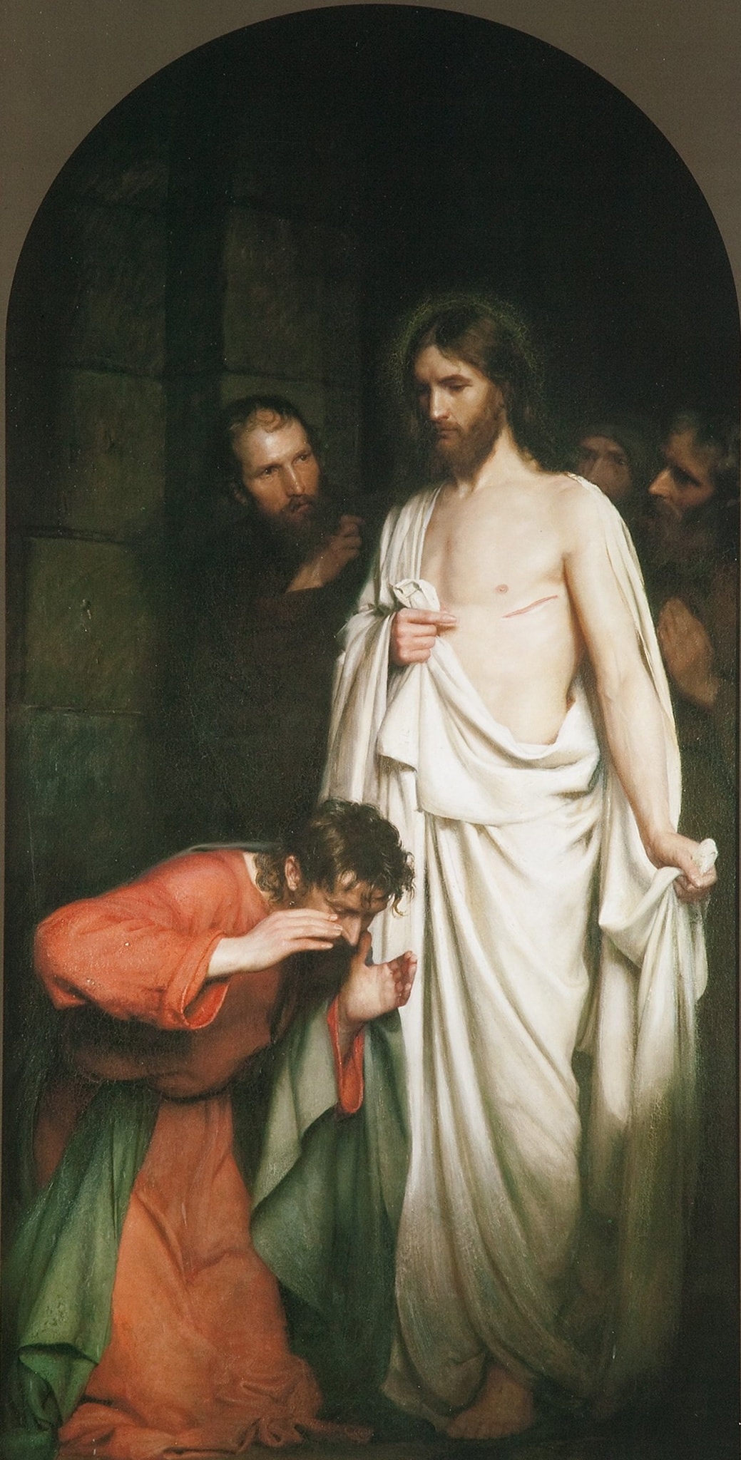 Thomas bows before the risen Christ, who stands in white and extends his hand in Carl Bloch’s tall composition.