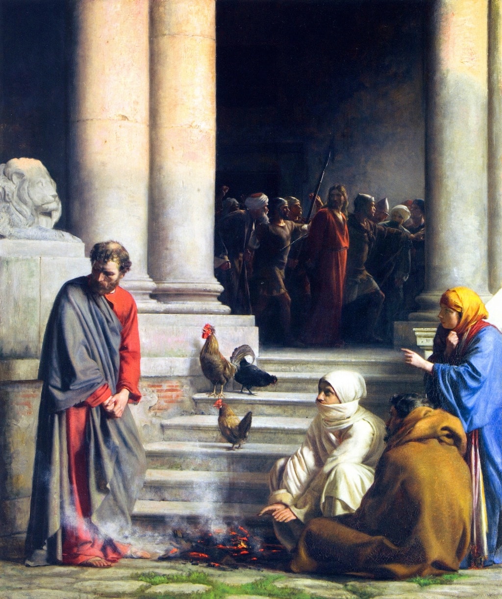 Peter turns away from a courtyard fire as women question him, while Jesus stands among guards behind them.