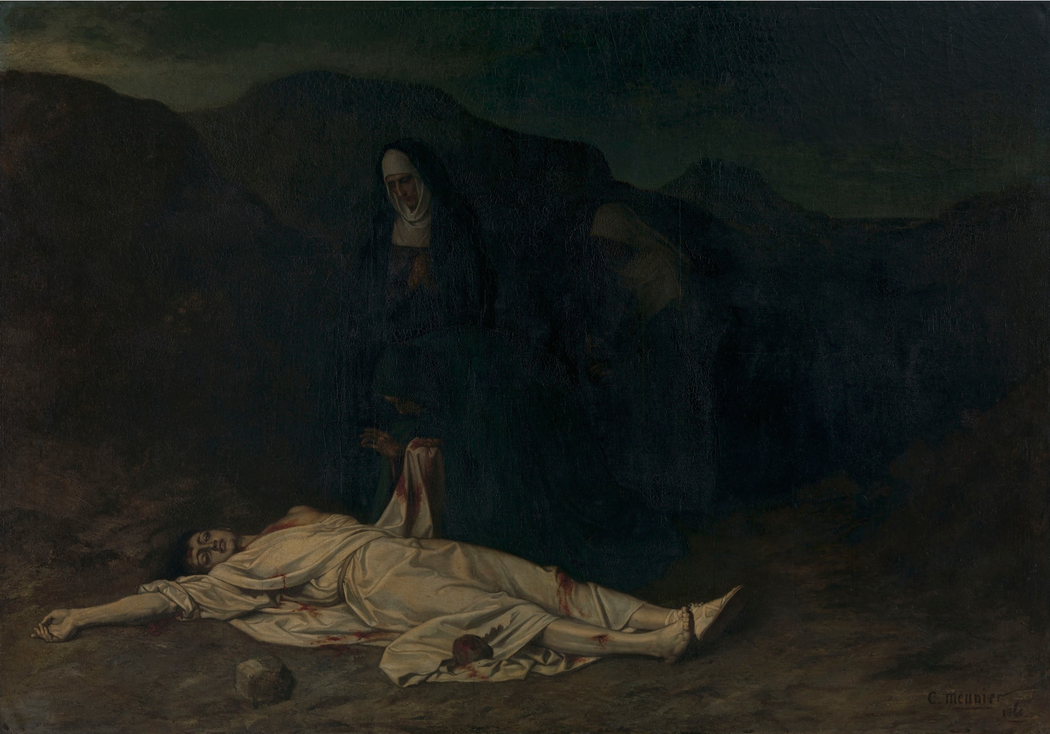 Stephen’s pale-robed body stretches across the foreground beside stones while mourners gather in the shadows.