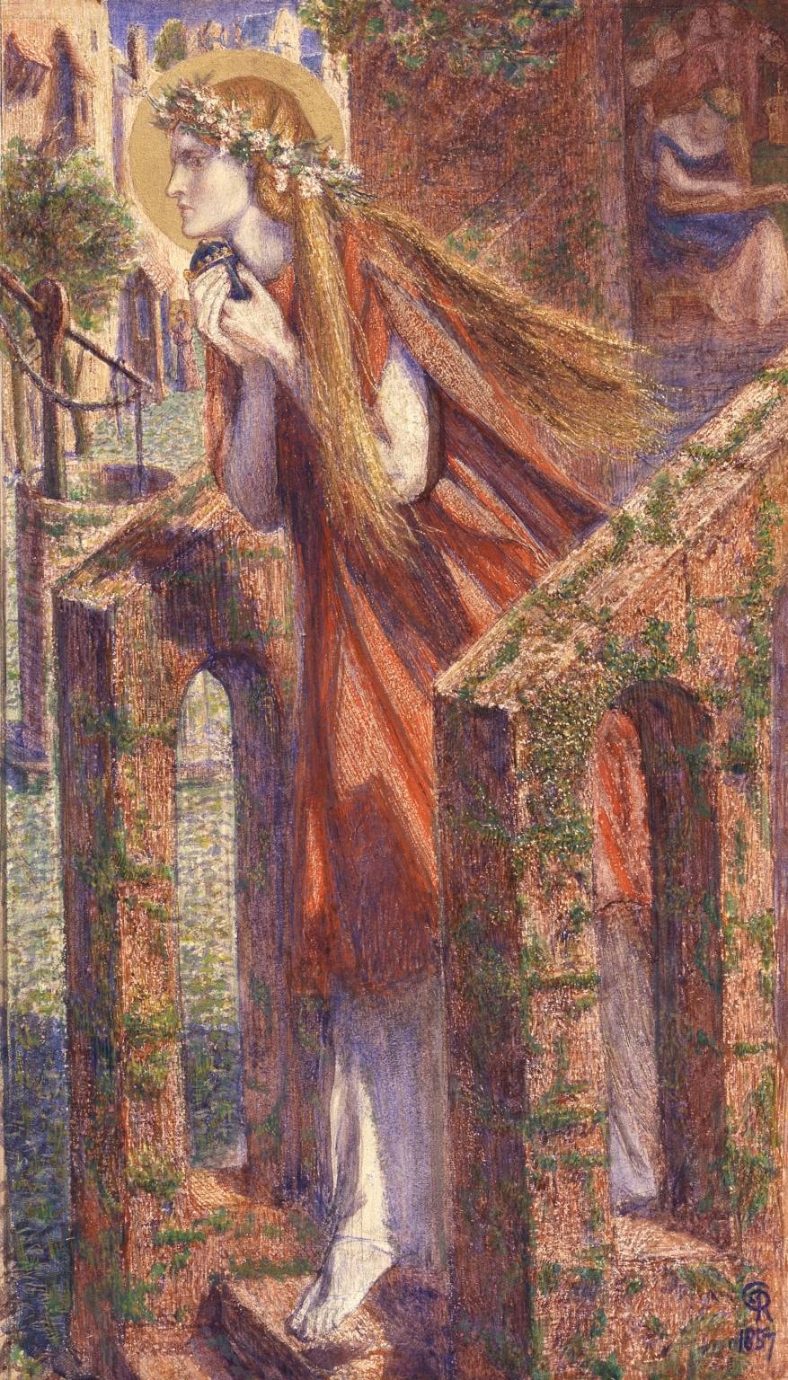A red-robed woman descends steps with an ointment jar held close to her face, her long hair streaming behind her. A small gathering appears in the upper-right background.