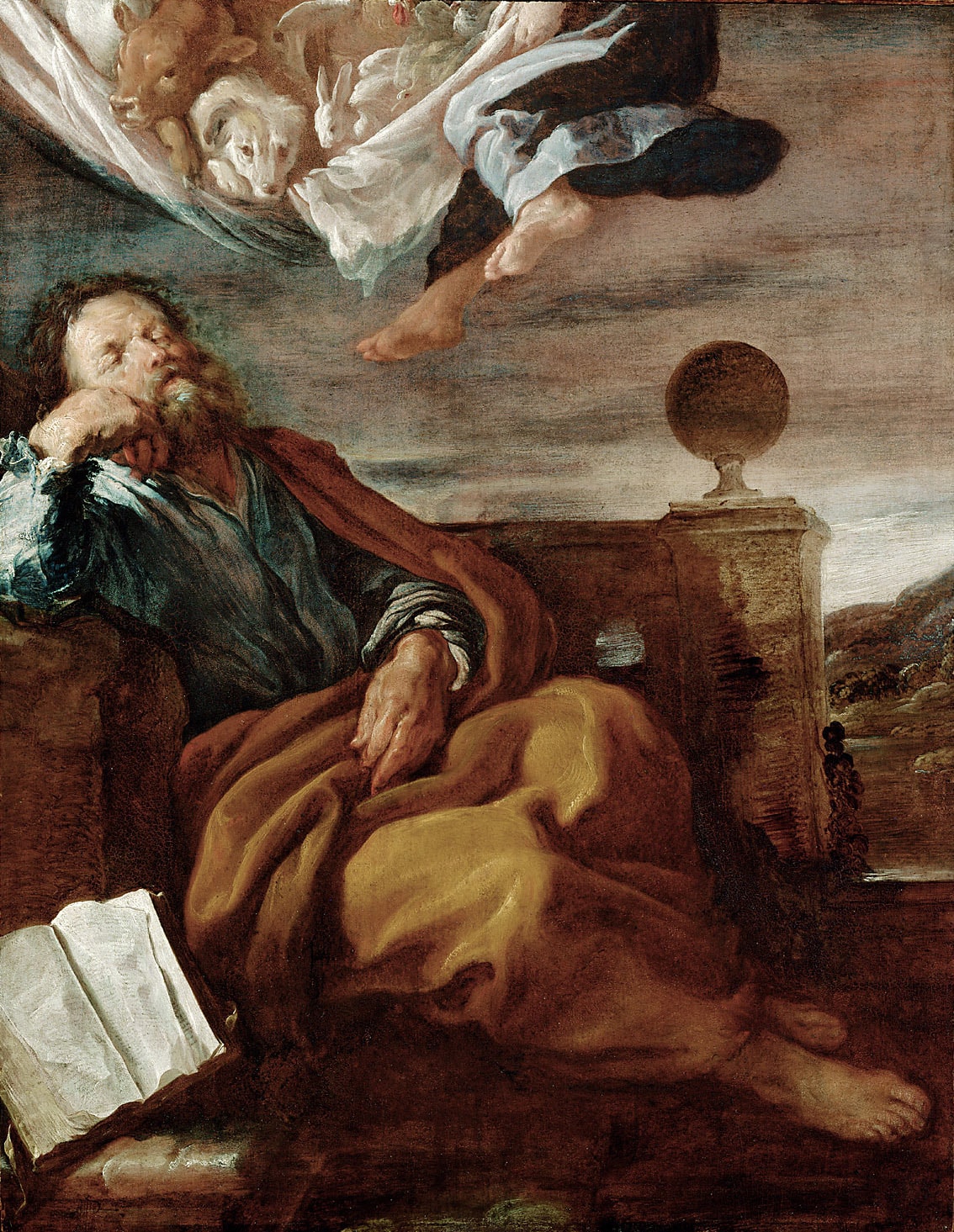 Peter rests his head on his hand beneath a sheet of animals and an angel; an open book lies at his feet.