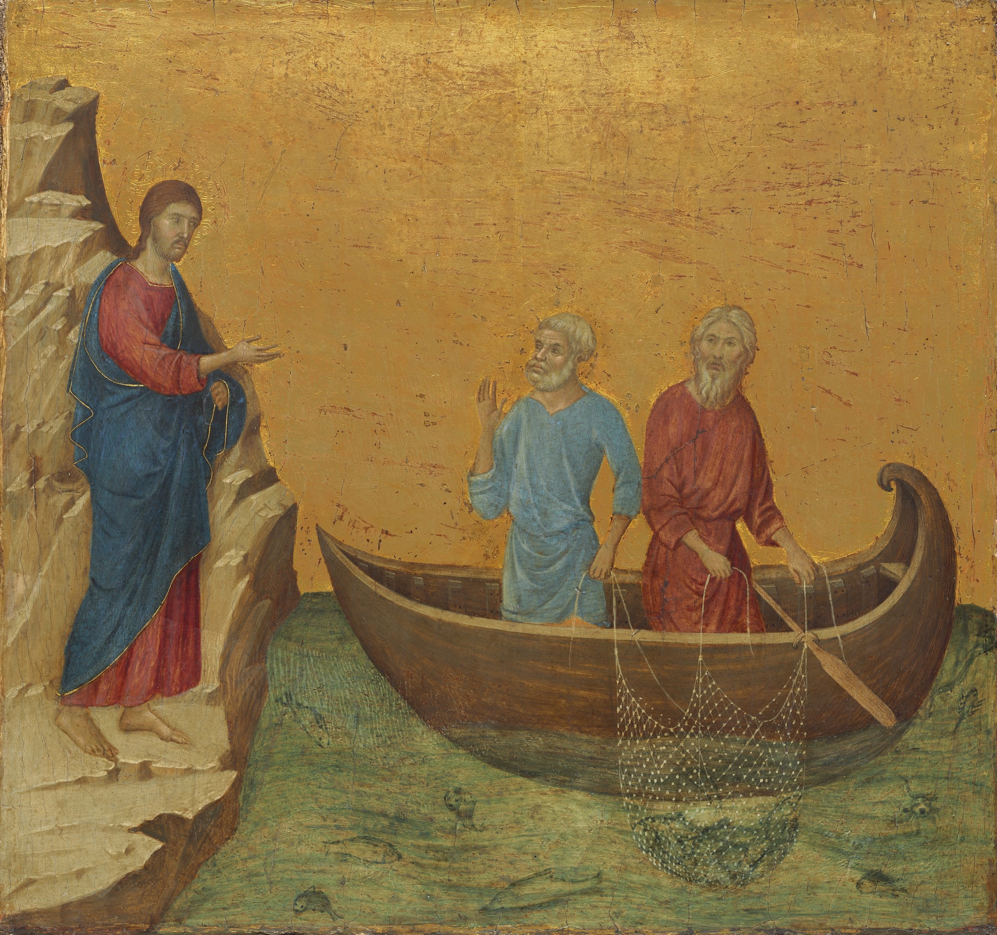 Jesus stands on a rocky shore and addresses Peter and Andrew in a boat, with a fishing net hanging into the water.