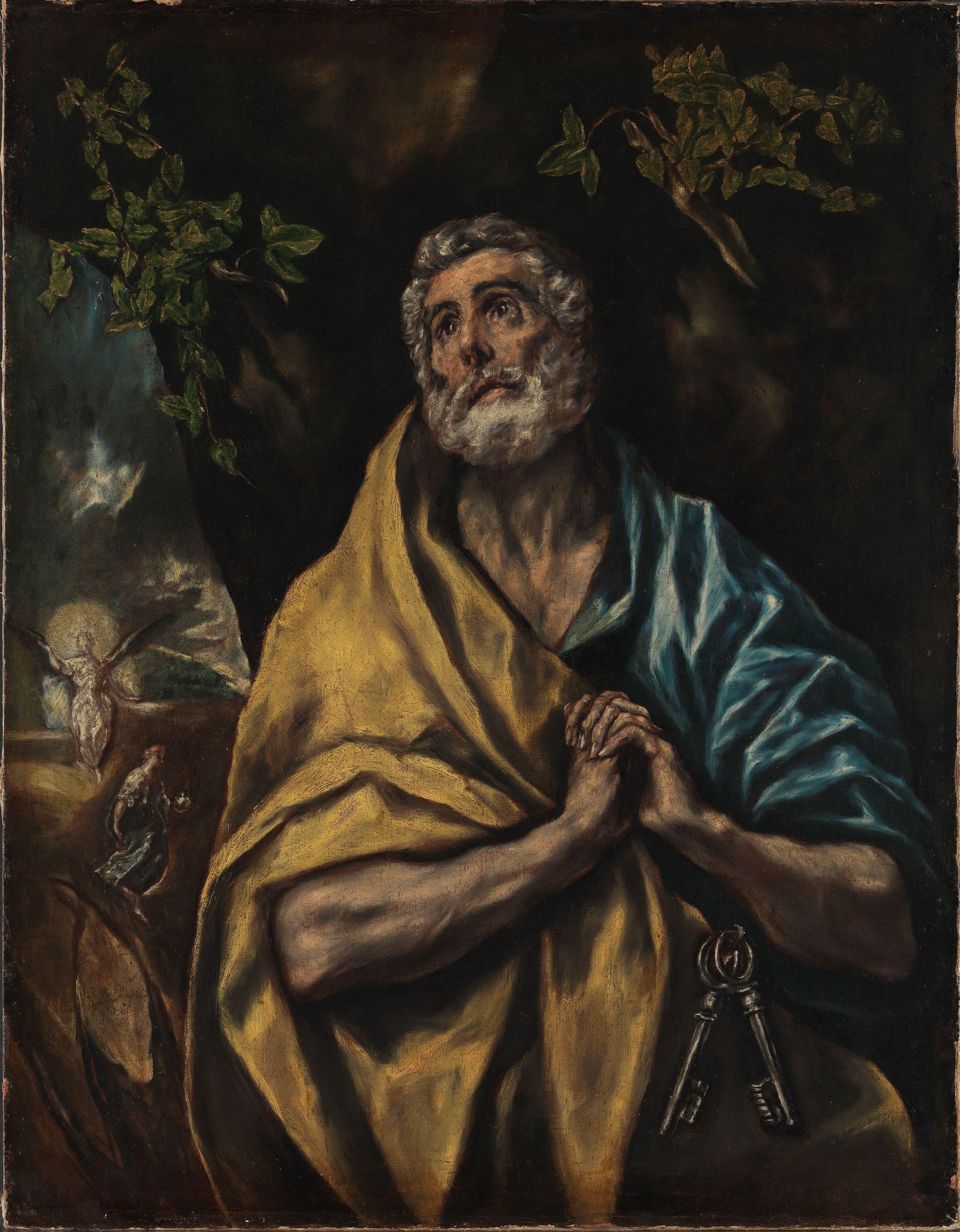 Peter looks upward with clasped hands and two keys below them; a winged angel and Mary Magdalene appear at the left.