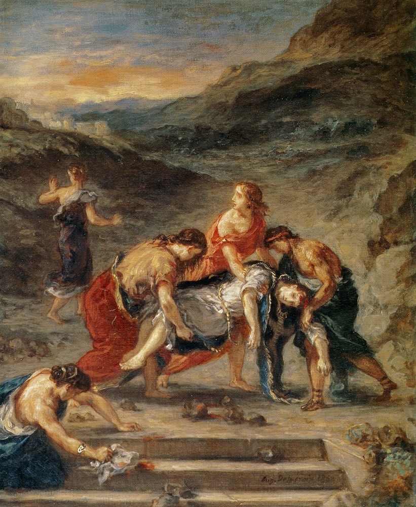 People bend under the weight of Stephen’s body while another figure kneels with a cloth at blood-marked steps.