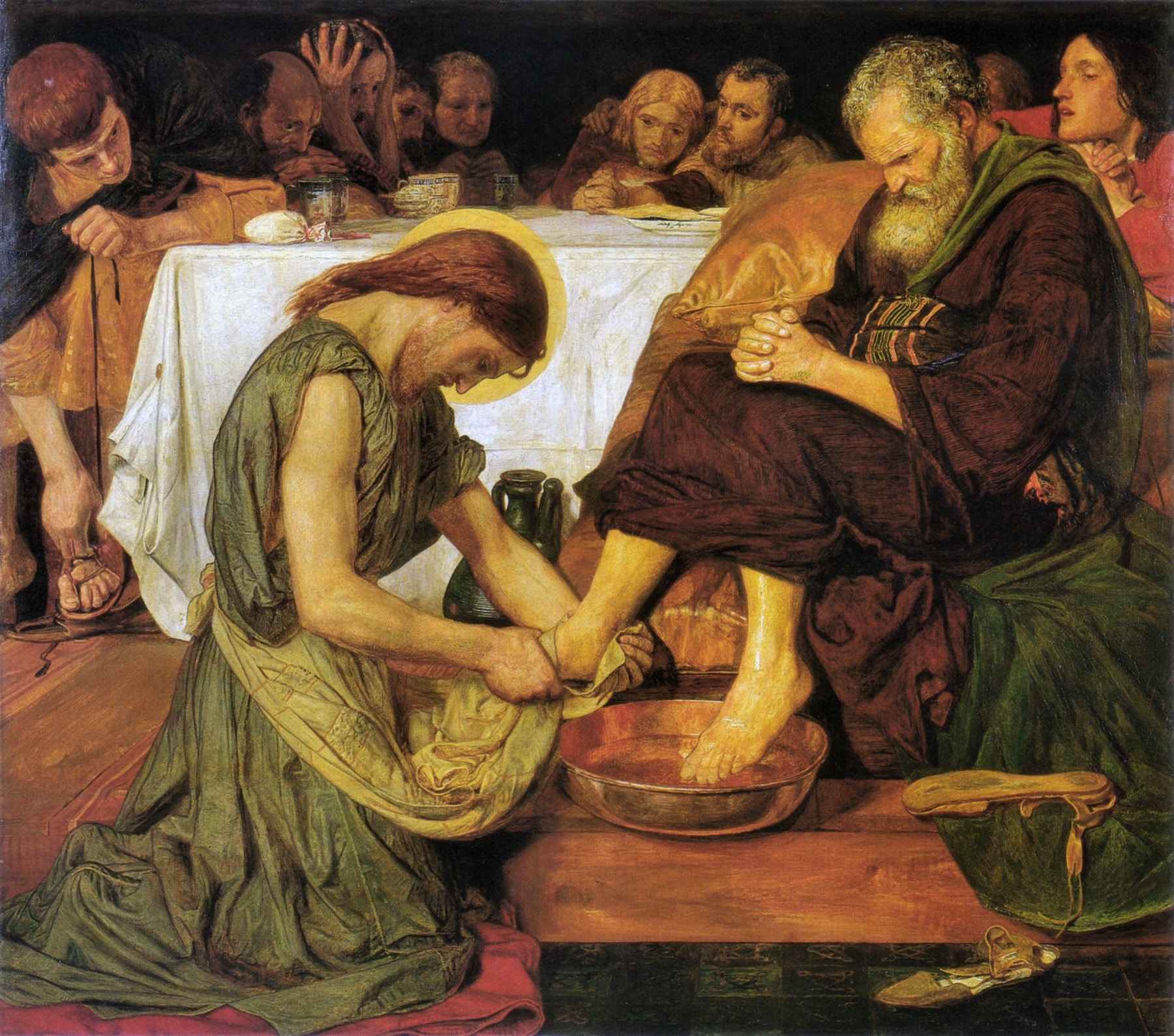 Jesus kneels to dry Peter’s foot while Peter clasps his hands in his lap and rests his other foot in a basin.