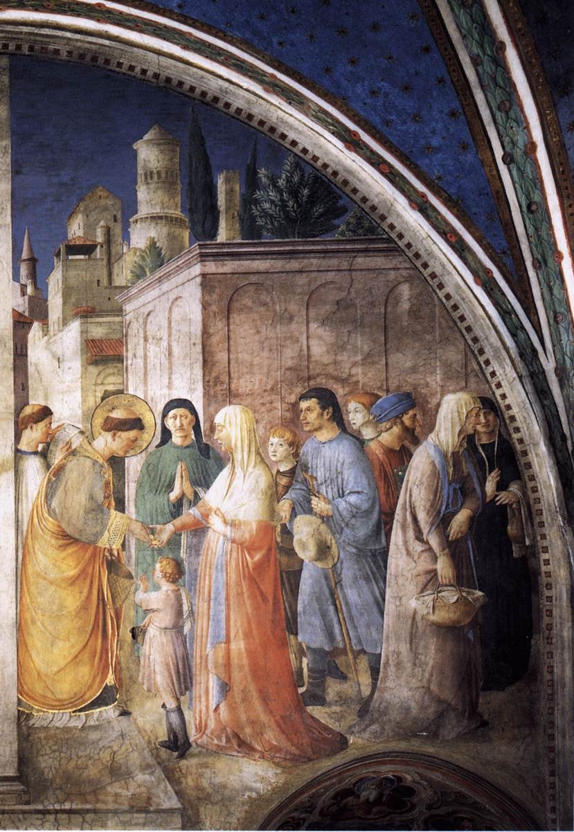 Stephen in gold vestments bends to give alms to a woman beside a small child, with other people waiting.