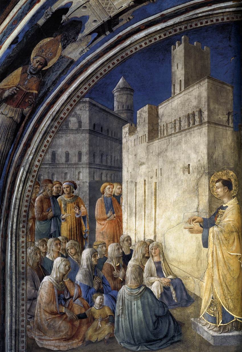 Stephen speaks from a small platform at the right to seated women and a child, with men standing behind them.