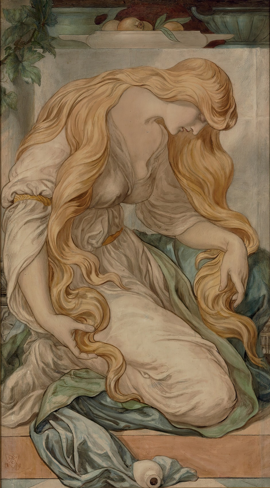 Mary Magdalene kneels with her head bowed and both hands among her long golden hair. A small jar lies on its side below her.