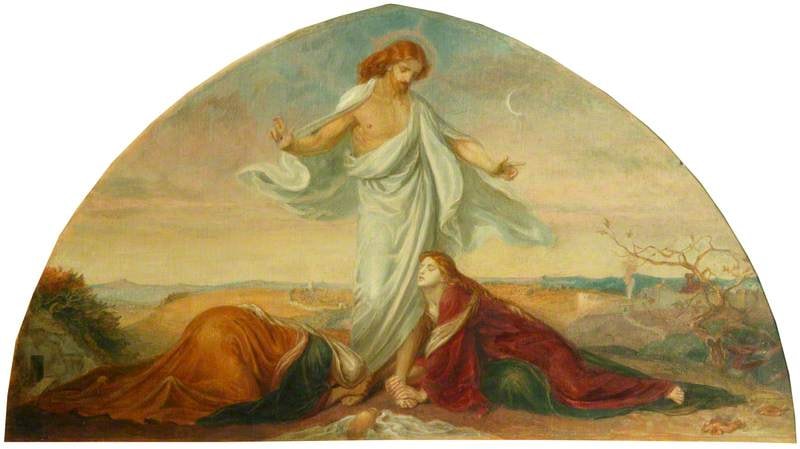 Christ stands with open arms in an arched composition; two women are at his feet, one bowed low and one lifting her face.