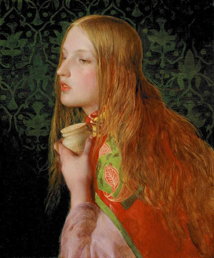Mary Magdalene with flowing red hair and orange-red clothing holds a small ointment vessel in Frederick Sandys’s portrait.