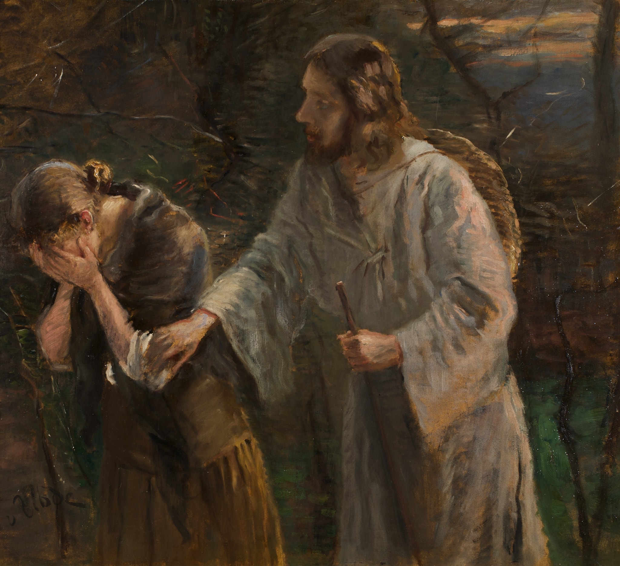 Mary covers her face with both hands and folds her upper body inward. Christ stands close enough for his extended hand to enter her immediate space.