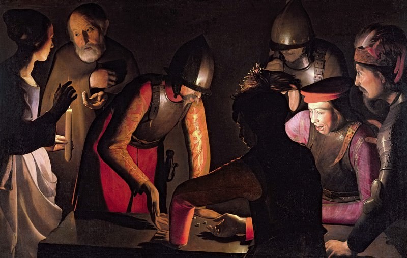 A servant with a candle questions Peter at the left while soldiers gather around a gaming table.