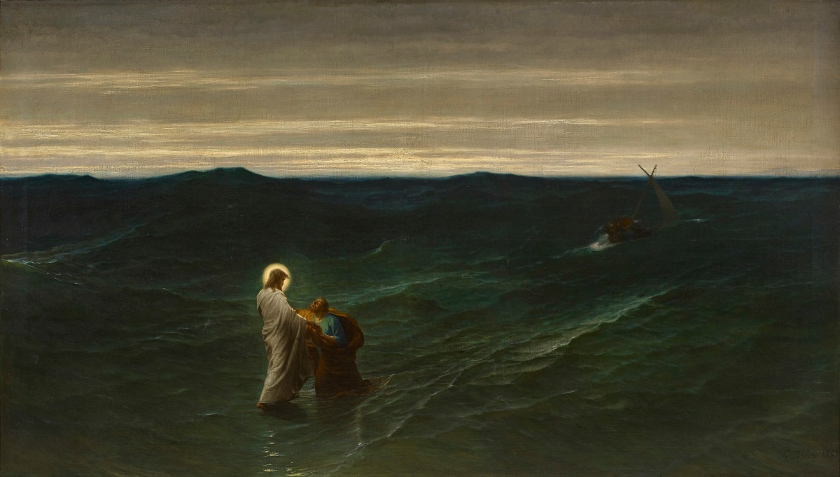 Jesus in white holds Peter amid dark green waves, with a small sailing boat in the distance.