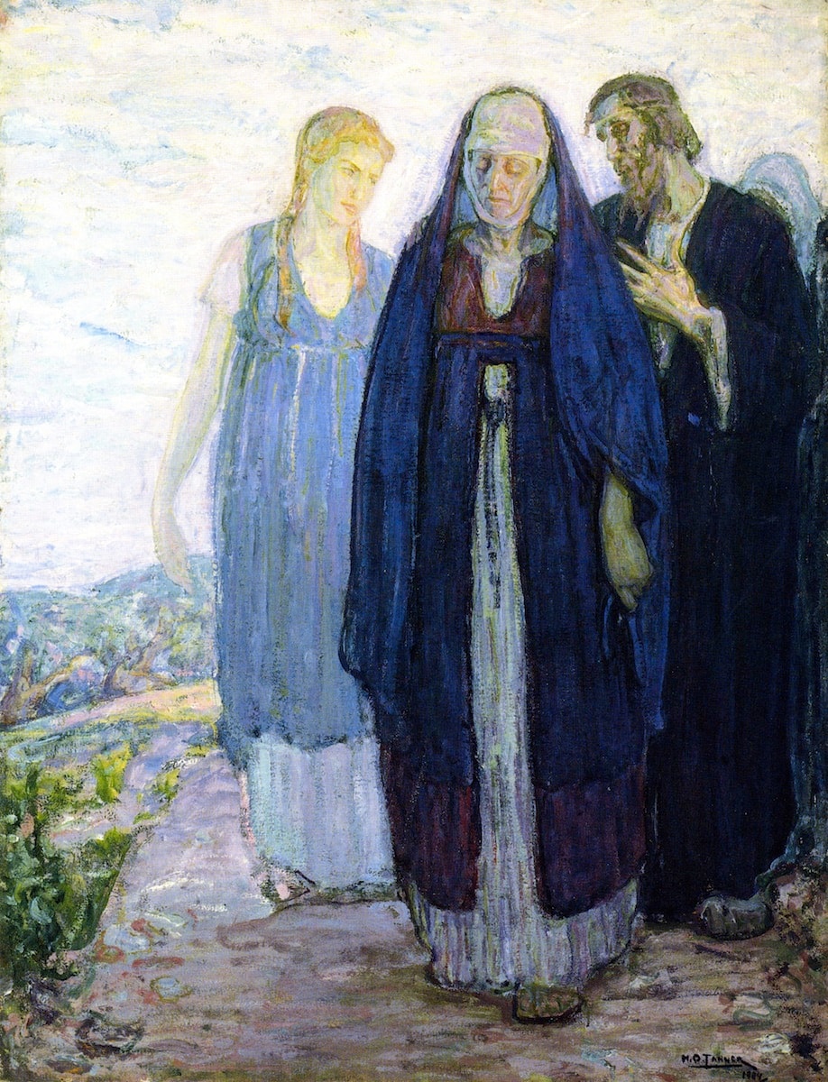 A dark blue central figure walks toward the viewer with lowered eyes. A pale, fair-haired companion at the left catches much more light.