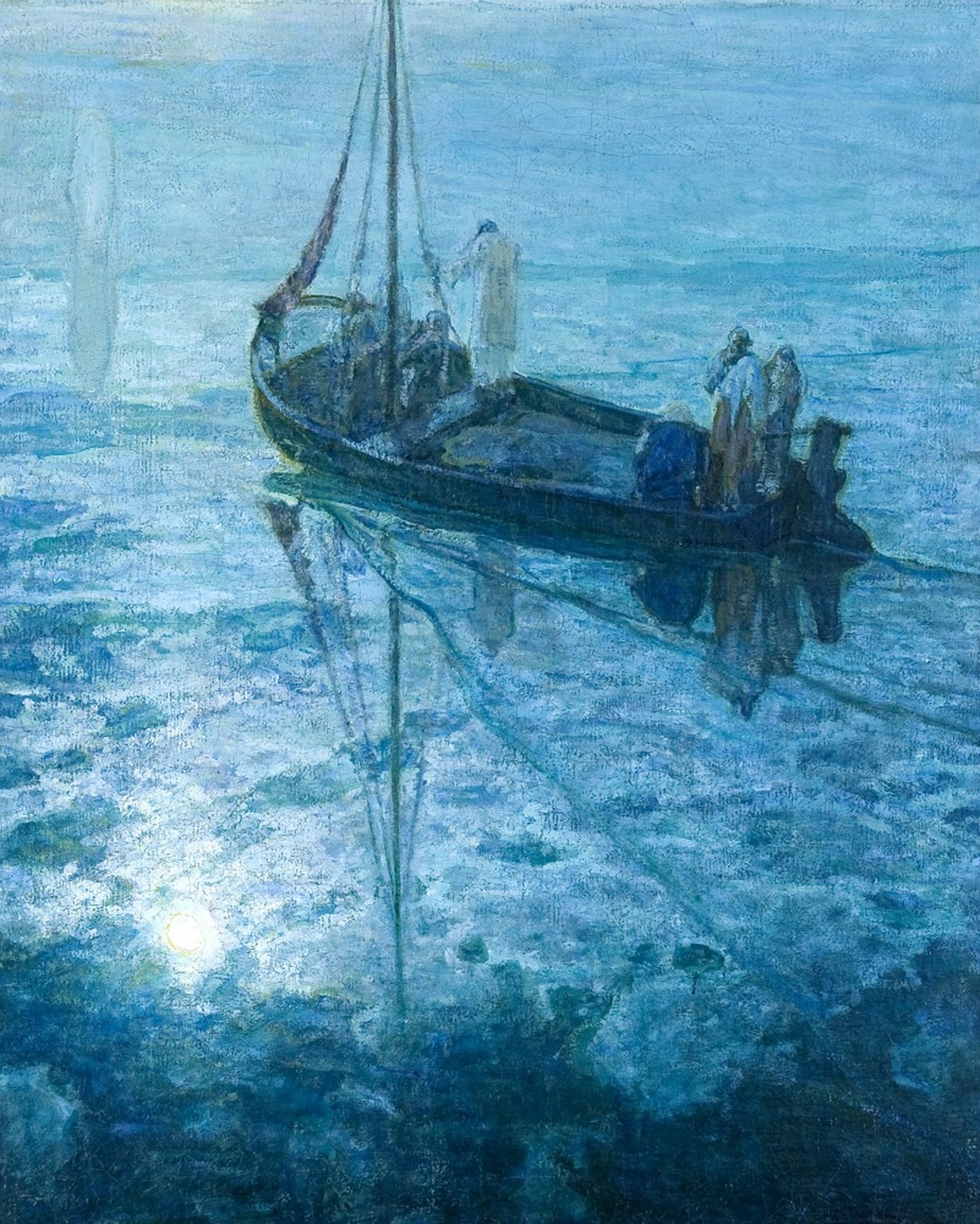 Disciples in a dark boat look toward a luminous figure across a sea painted in deep shades of blue by Henry Ossawa Tanner.