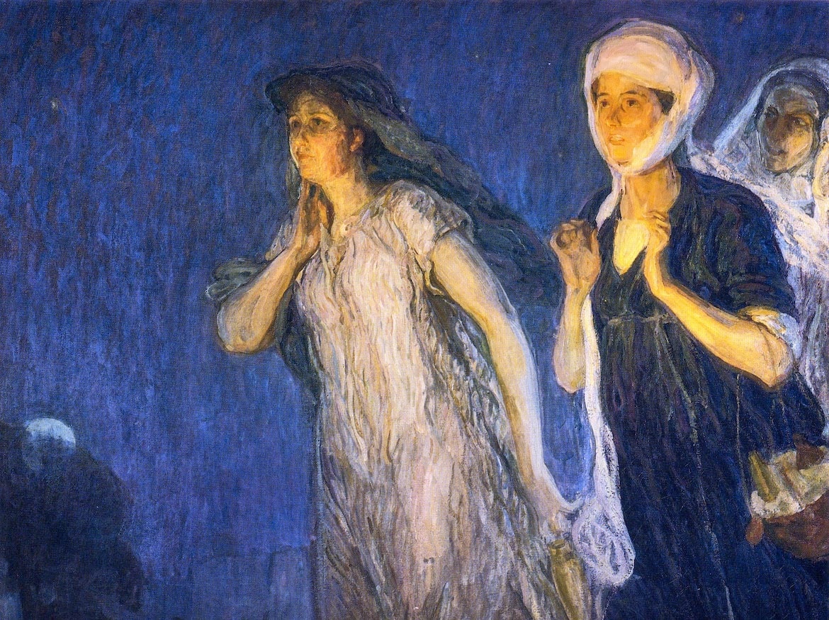 Three women are set against a continuous field of textured deep blue, with a small pale moon at lower left. Warm light from outside the left edge catches their faces and arms; the tomb itself is not shown.
