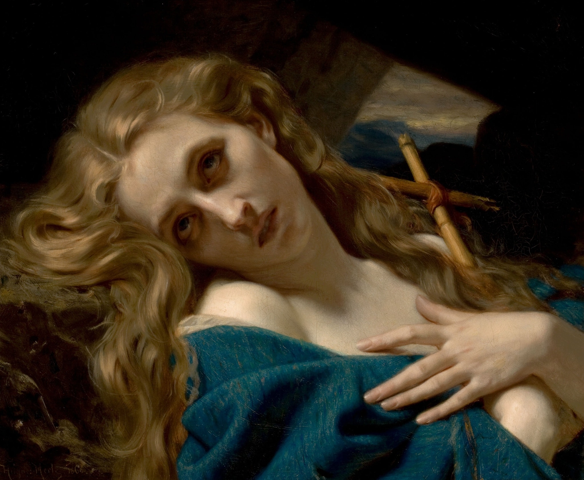 Her face turns toward the viewer under loose golden hair. A hand lies across her chest above a deep blue wrap.