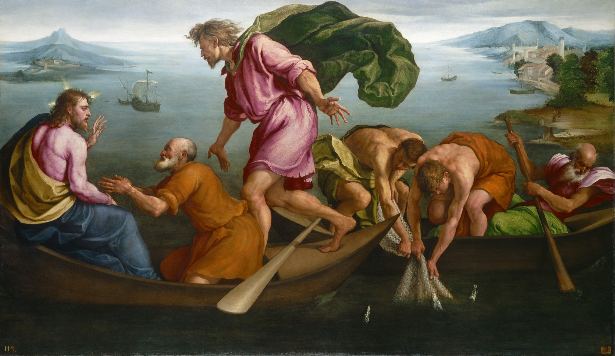 Peter kneels before Jesus as Andrew approaches in a billowing green cloak; fishermen haul a net and row nearby.