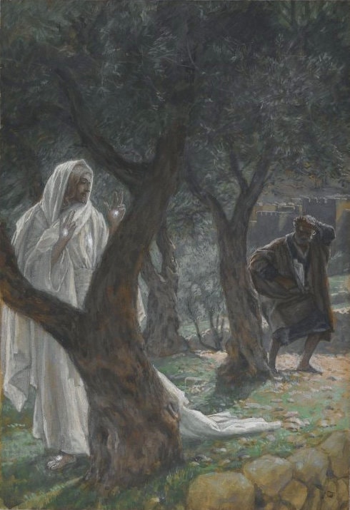 Jesus stands among trees with both palms raised while Peter bends nearby, a hand against his head.