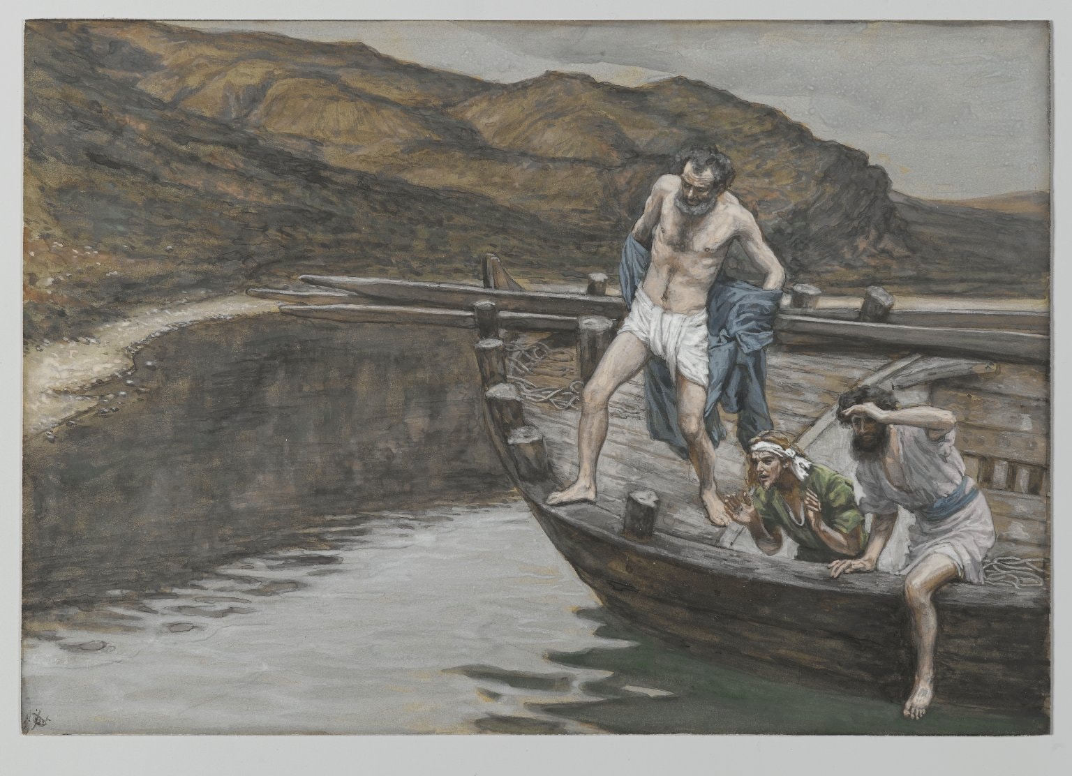 Peter stands with both feet on a boat’s planks, gathering his robe, while two disciples look toward the shore.