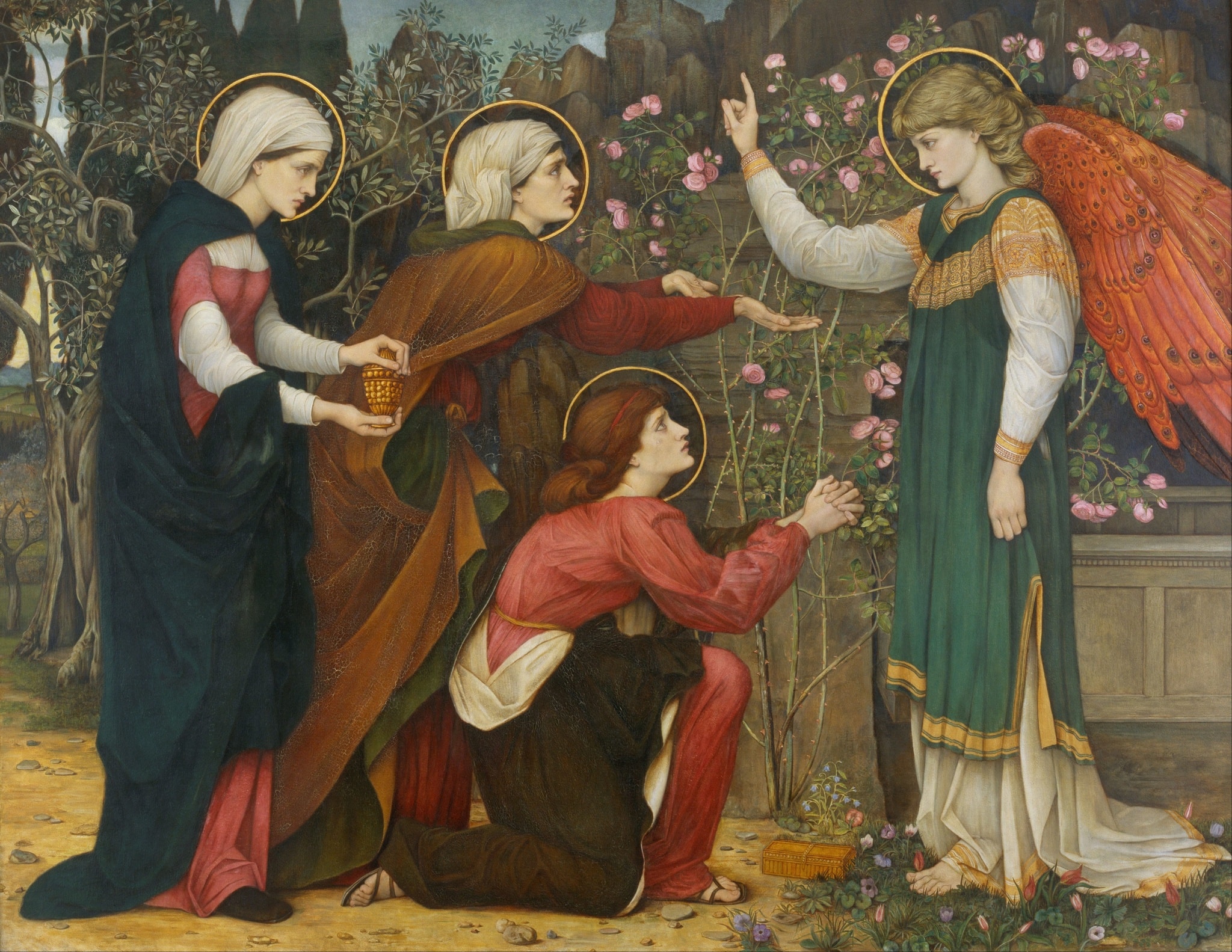 Three haloed women approach from the left: one carries a gold vessel, one opens her palms, and one kneels with clasped hands. At right, a single winged messenger points upward with one finger; patterned red-orange wings fill the upper corner.