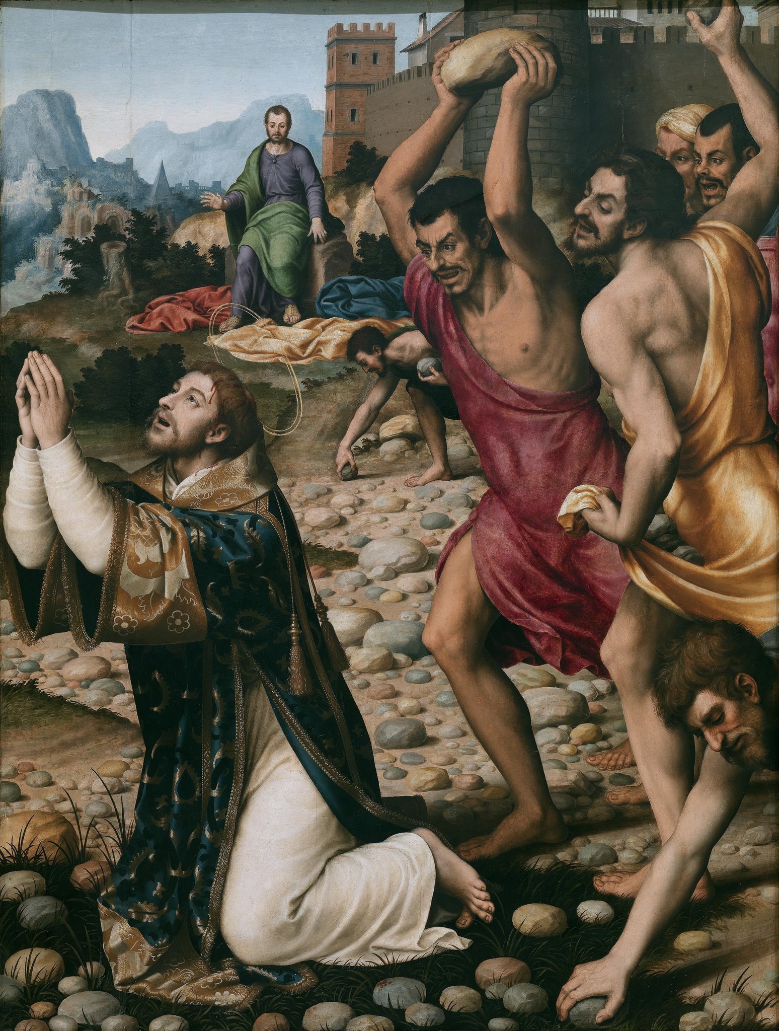 Stephen kneels with joined hands and an upward gaze as men at the right lift stones above their heads.