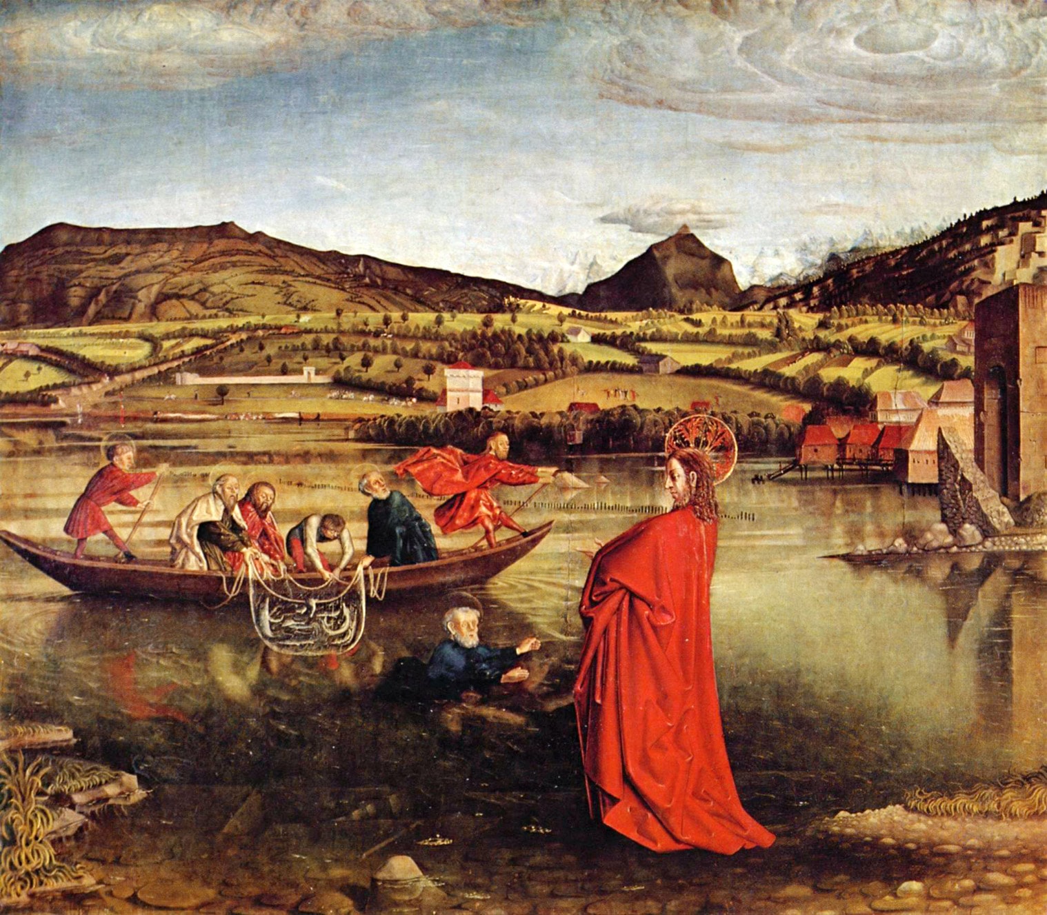 Peter reaches toward Jesus from a lake as fishermen work in a boat beneath mountains and a distant town.