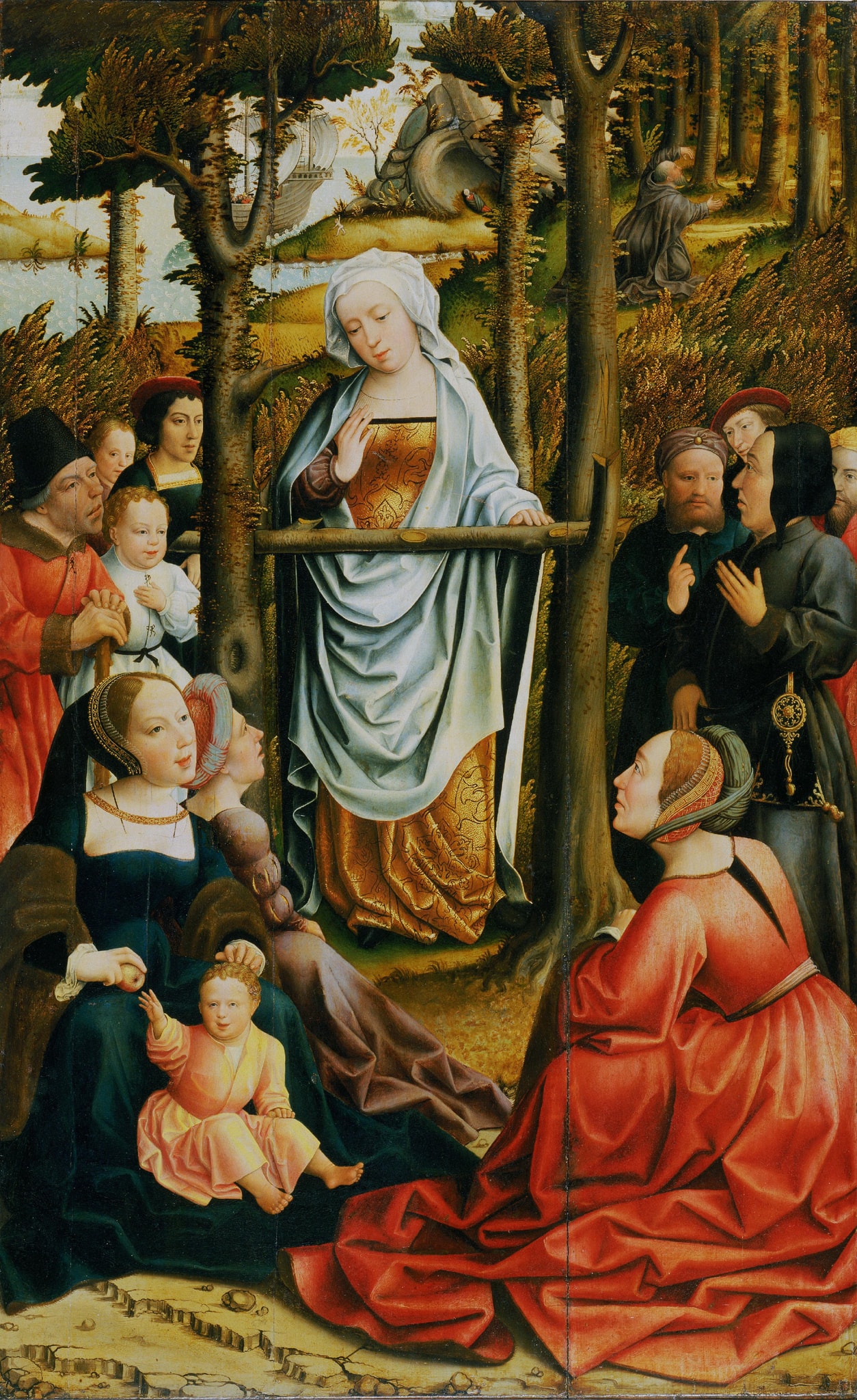 Magdalene stands at a simple wooden rail with one hand raised as she addresses the group. Women, men and children sit or stand around her among bright red, blue and golden garments.