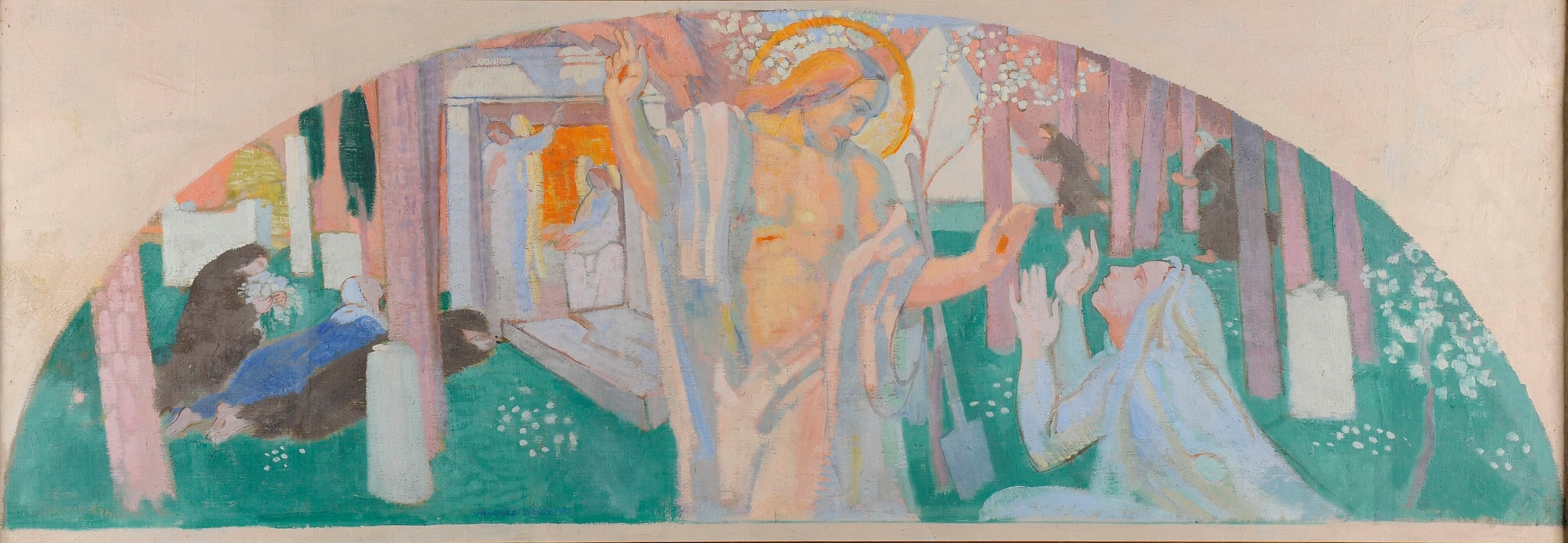 Pale pink trunks repeatedly divide a turquoise woodland. Mary kneels at the right with both hands lifted toward a peach-and-gold Christ.