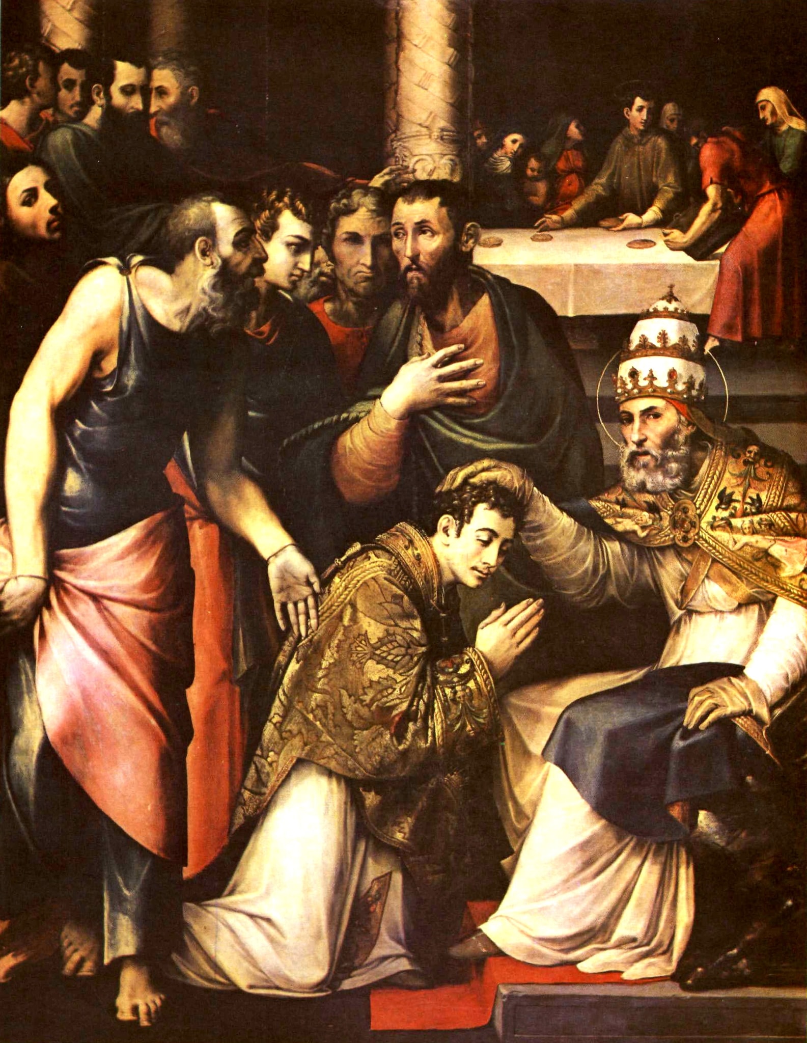 Stephen kneels with joined hands while Peter, wearing a papal tiara, rests a hand on his head among gathered figures.