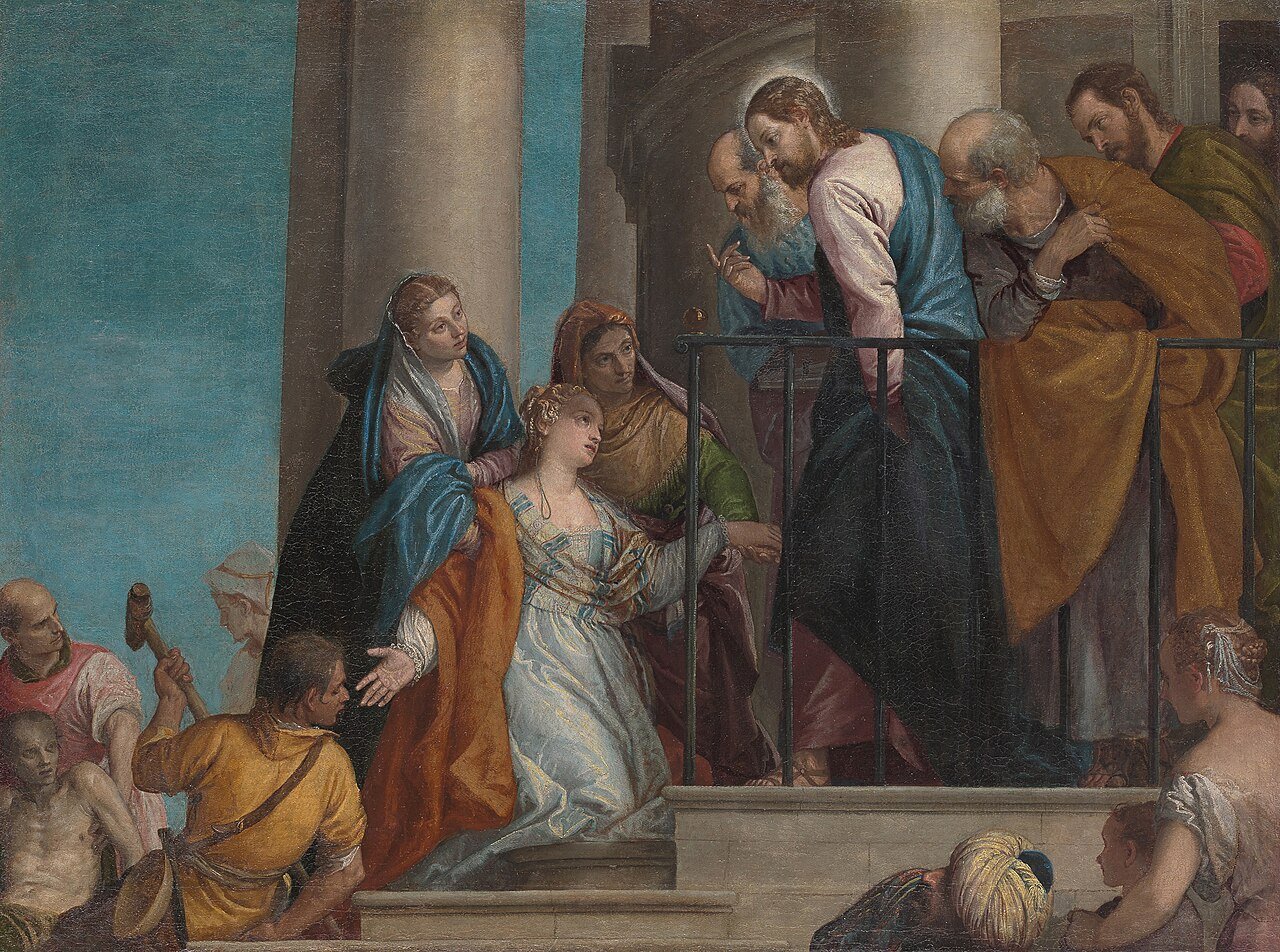 A mother in a pale dress kneels before Jesus on a raised landing, while her revived son appears at the lower left and two women gather close beside her.