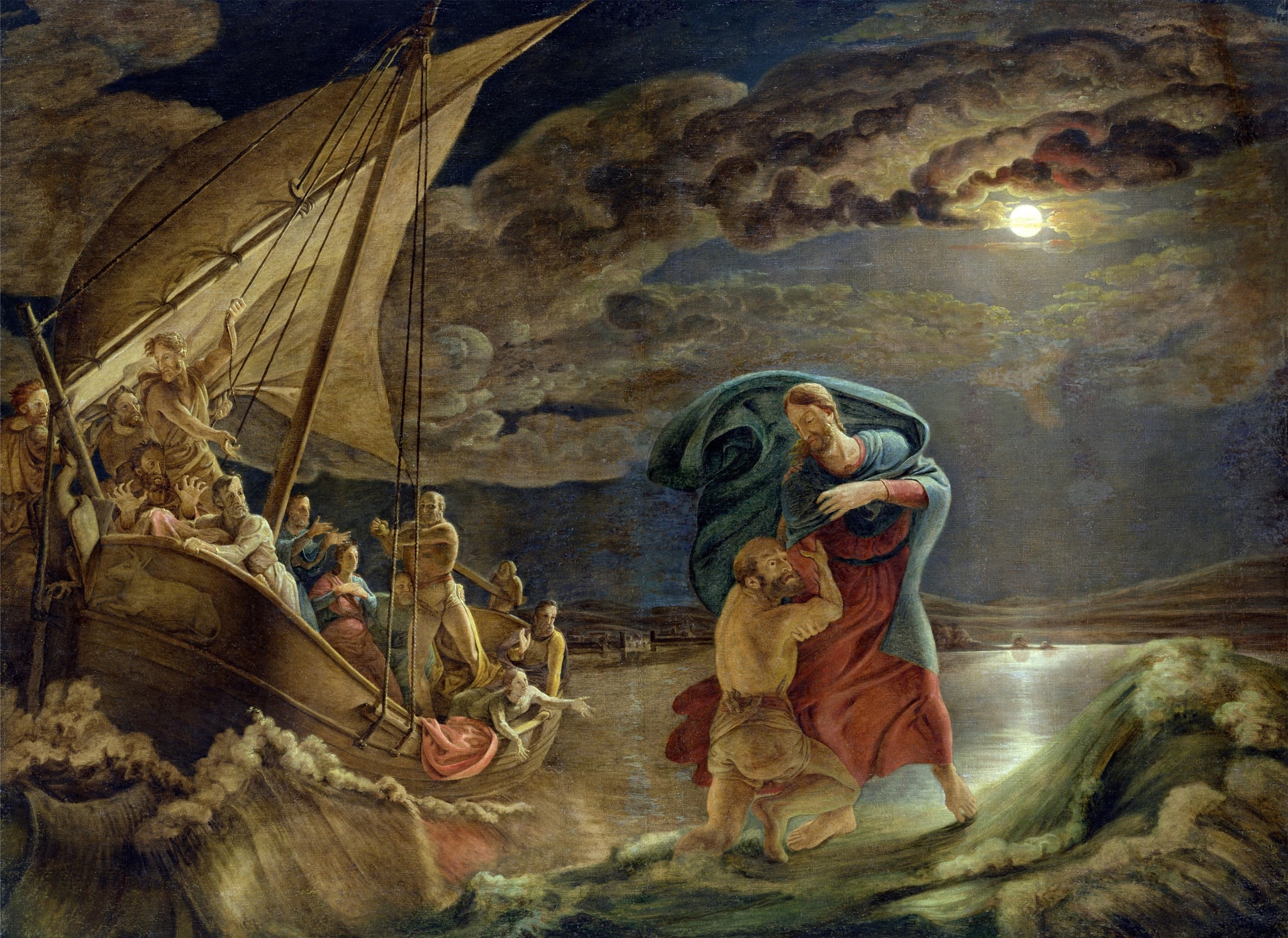 Jesus supports Peter by the upper arm beside a crowded boat under moonlit clouds, while Peter clings to his sleeve.