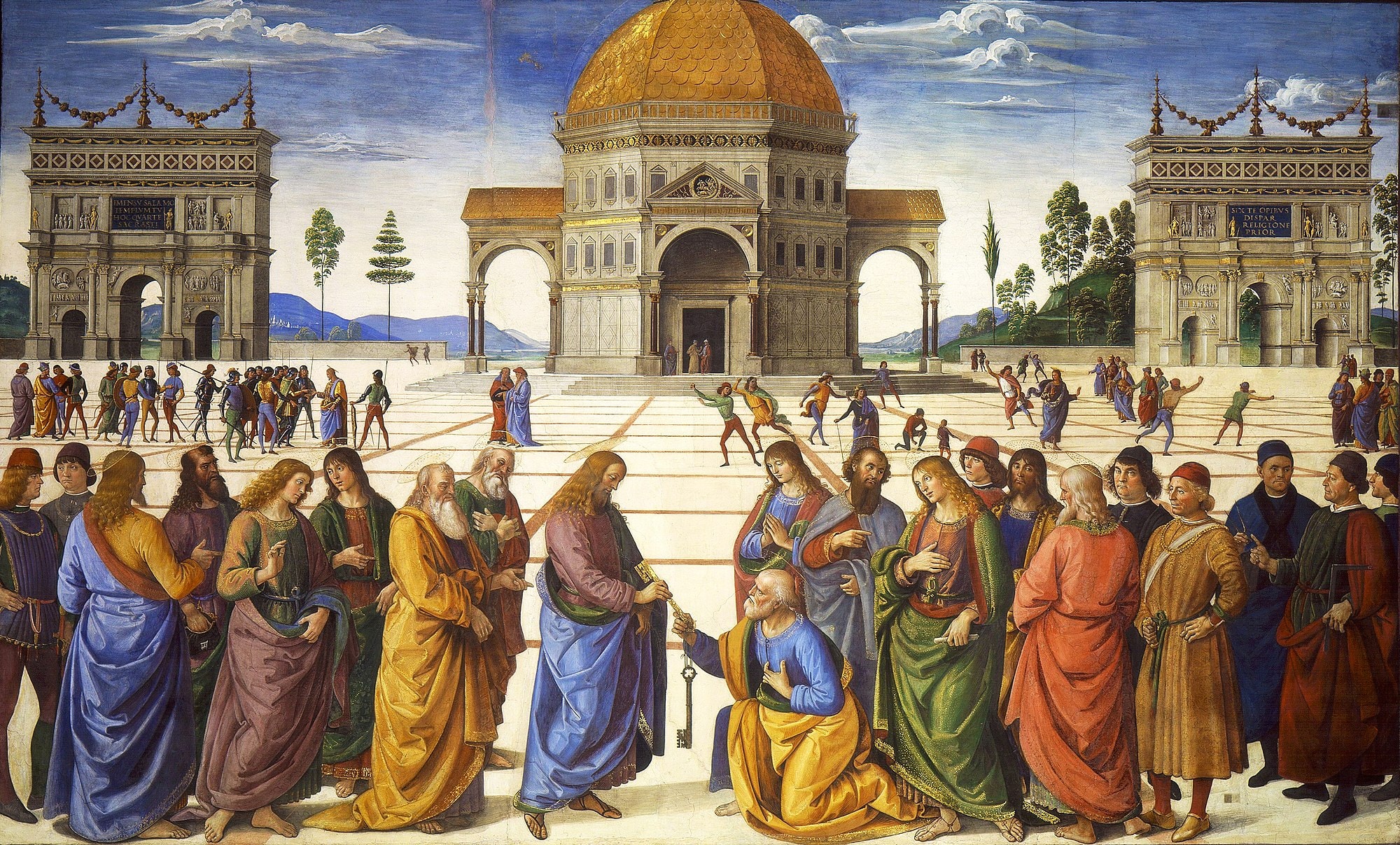 Jesus hands keys to a kneeling Peter before a broad paved square, domed building, and gathered figures.