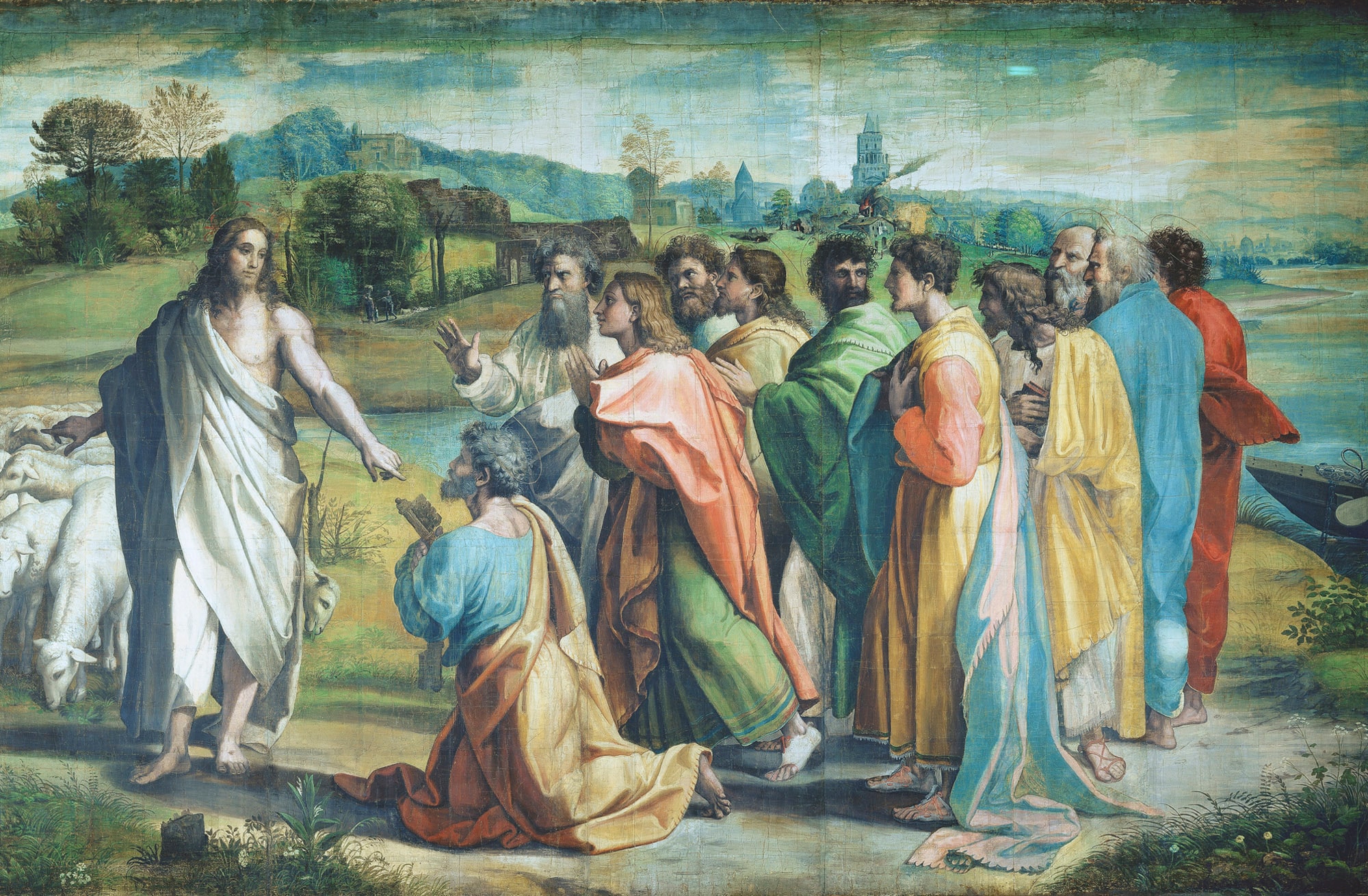 Jesus points toward kneeling Peter with one hand and a flock of sheep with the other as the apostles gather behind.