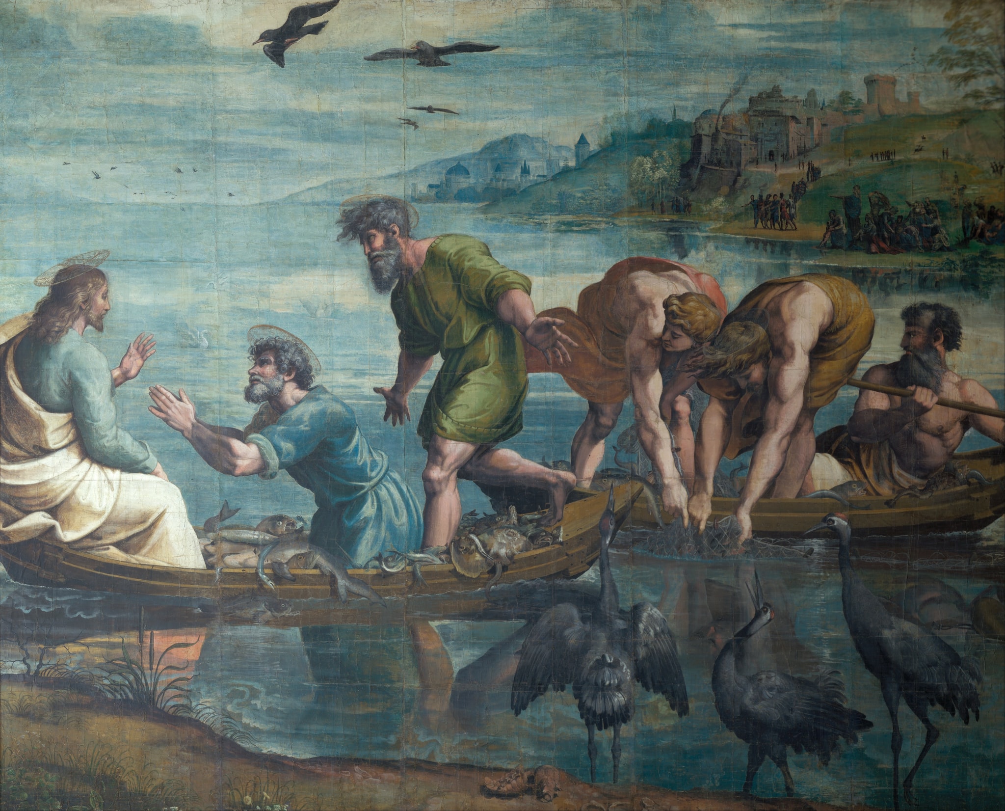 Peter kneels before Jesus in a boat while Andrew approaches behind him and fishermen haul a net from another boat.