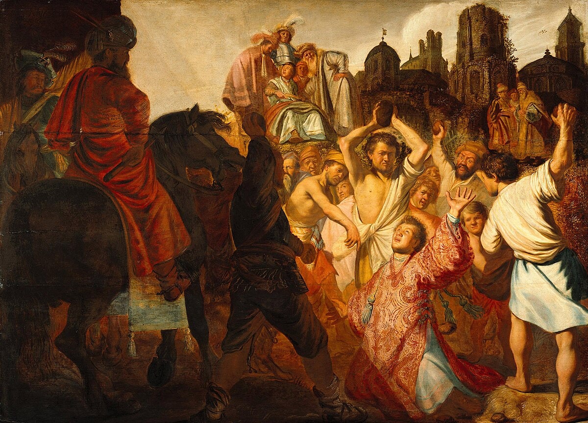 Stephen kneels in a red-and-gold patterned robe, raising his arms amid a crowd of men preparing to throw stones.