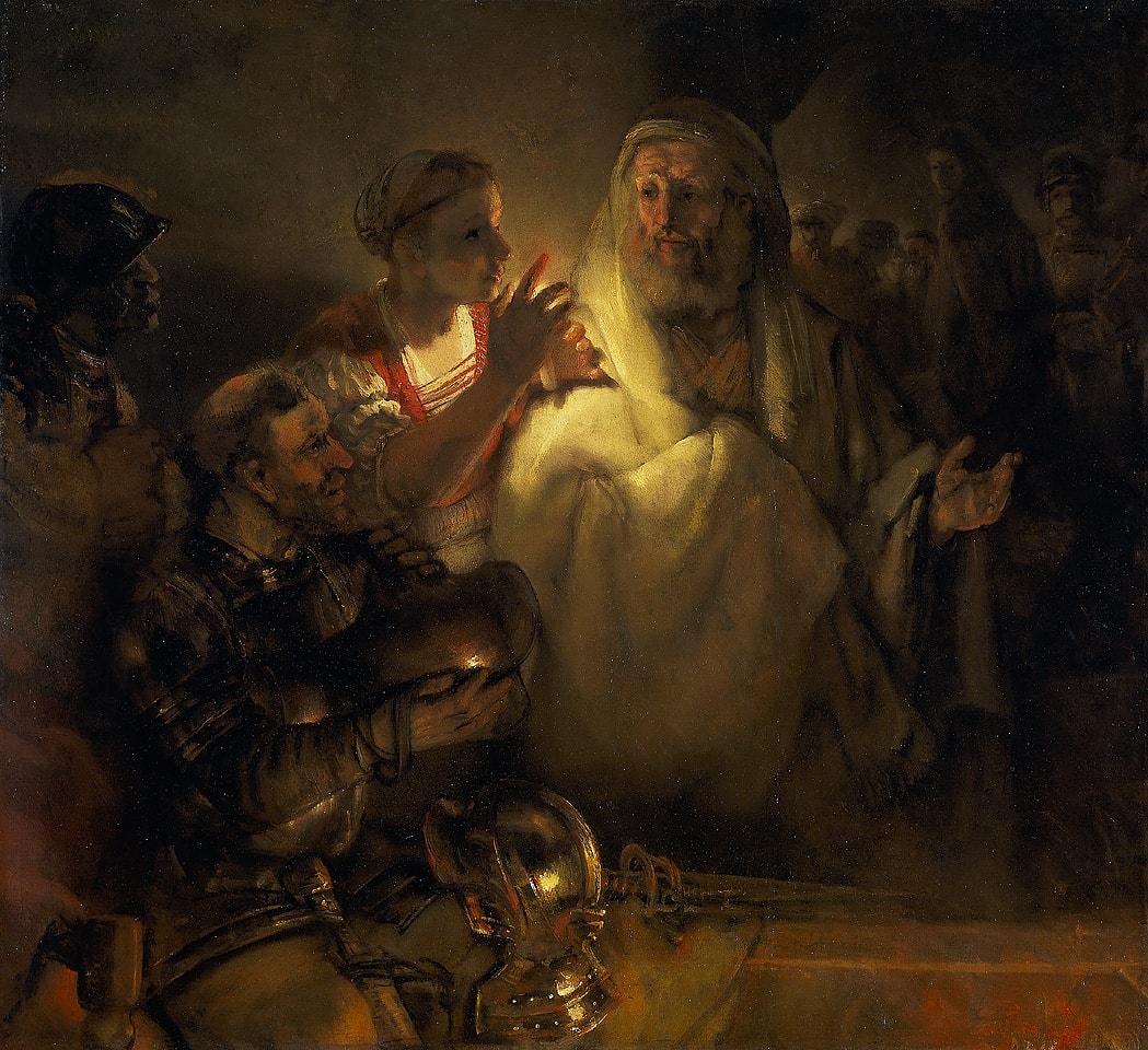 A servant holds a candle near Peter’s face as an armored man questions him and shadowed figures gather behind.