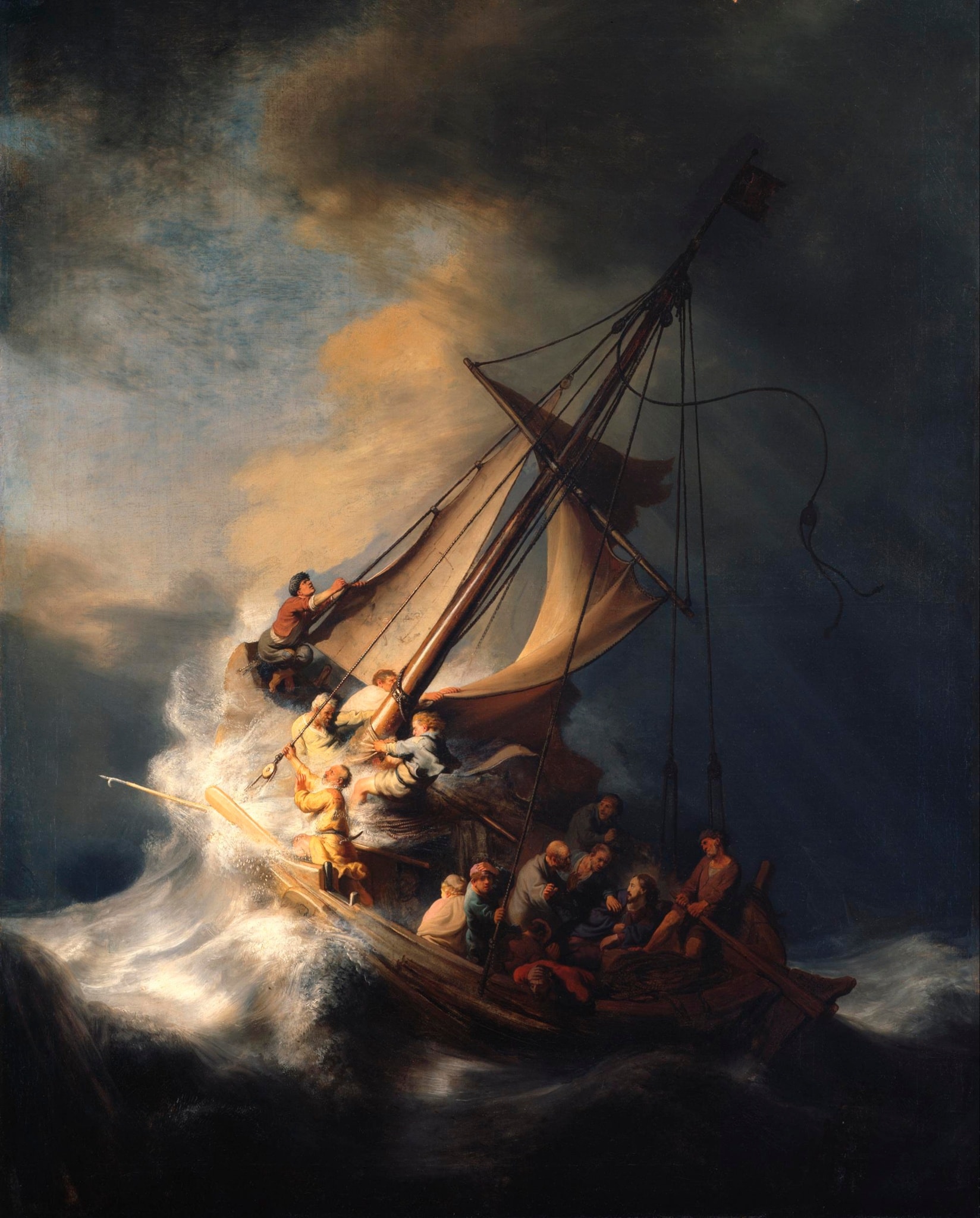 Disciples struggle with a torn sail in a storm while others crowd around the awake Jesus at the stern.