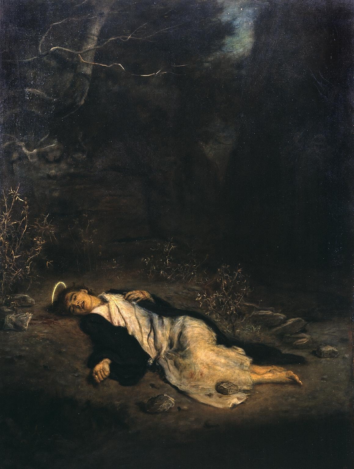 Stephen lies alone in a pale robe on stony ground beneath a dark wooded background, a thin halo around his head.