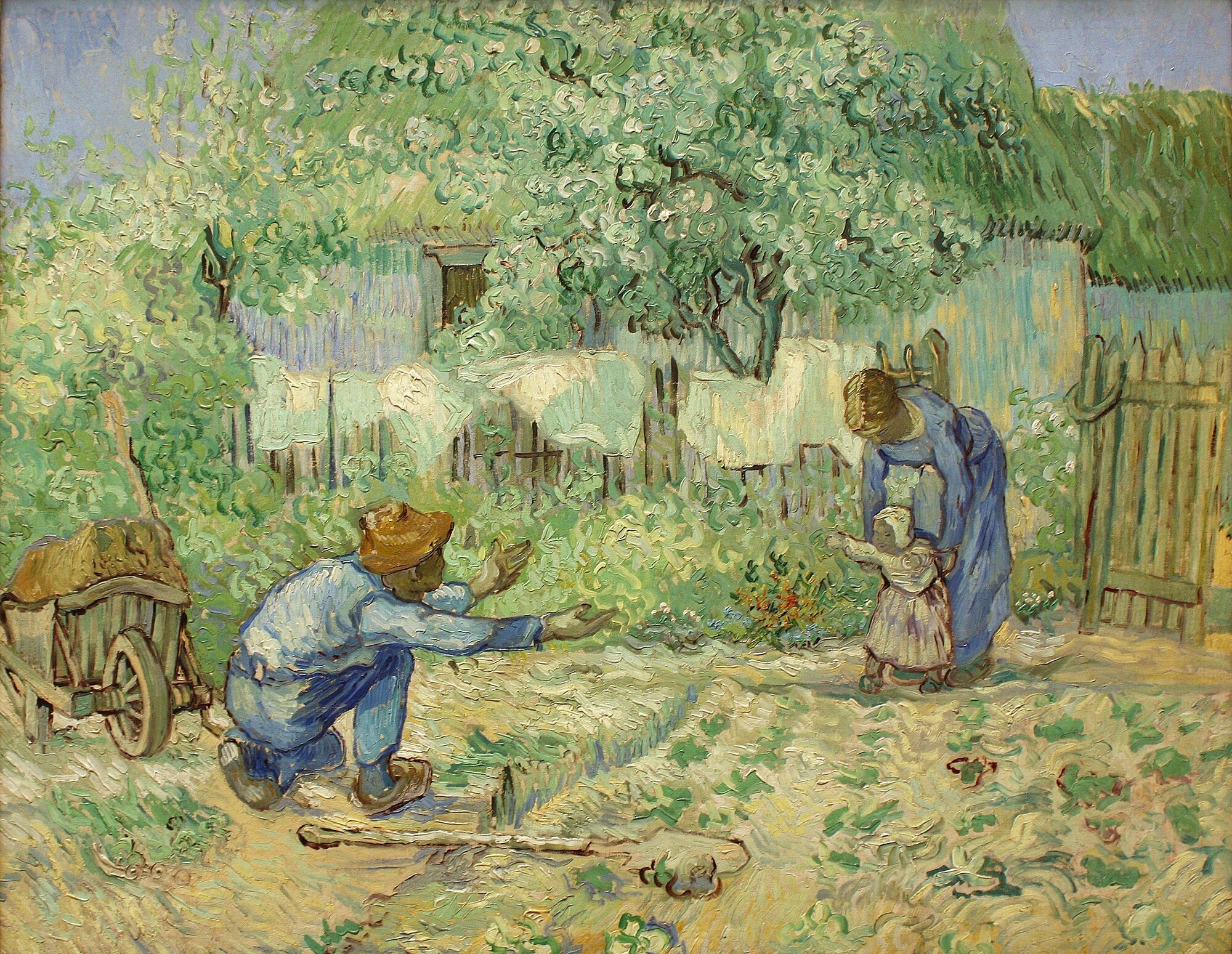 One adult supports a small child while another kneels with open arms across a patch of garden ground.