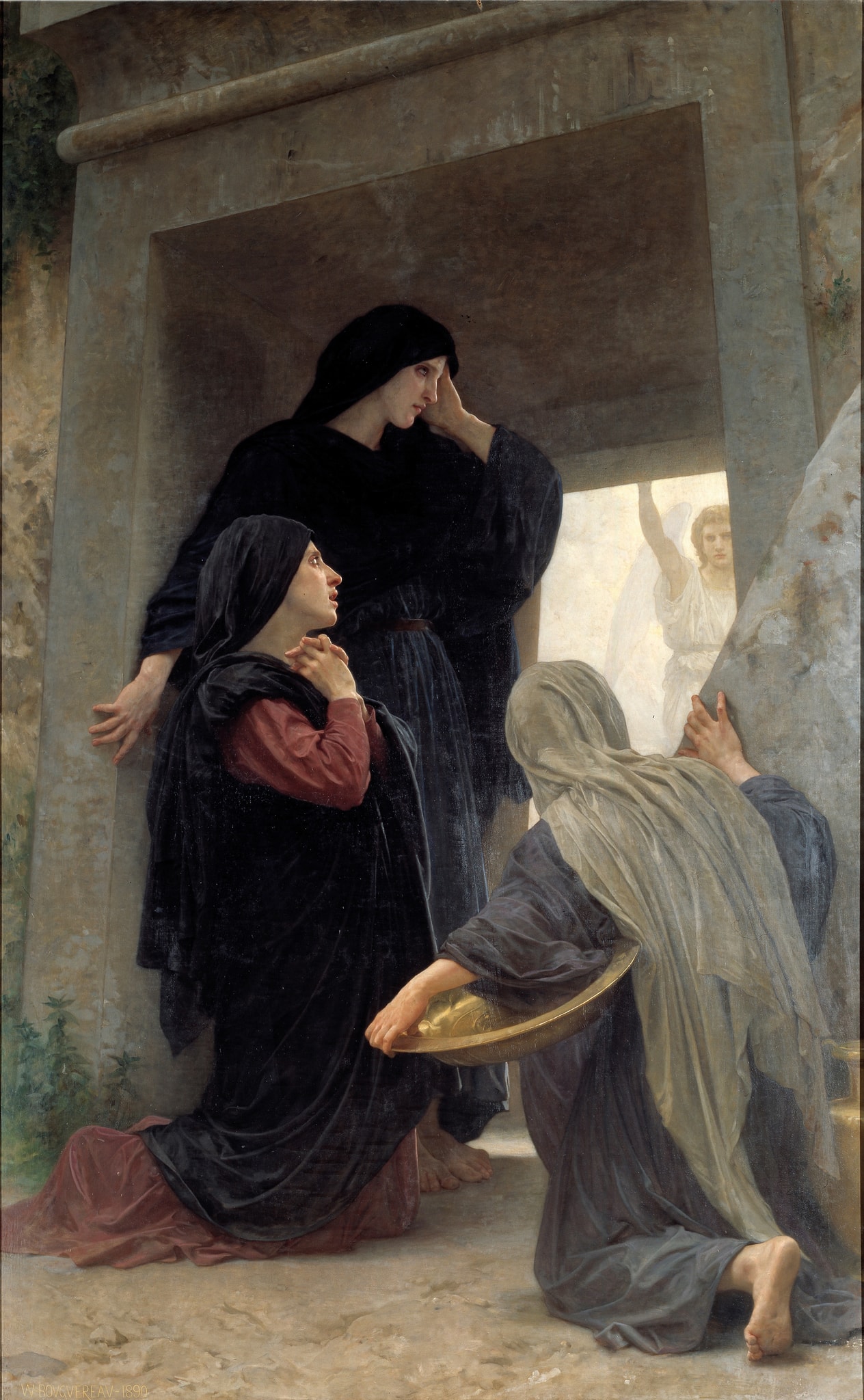 Three heavily draped women form a rising group around the rectangular doorway. The nearest woman kneels with her back partly turned, holding a shallow vessel.